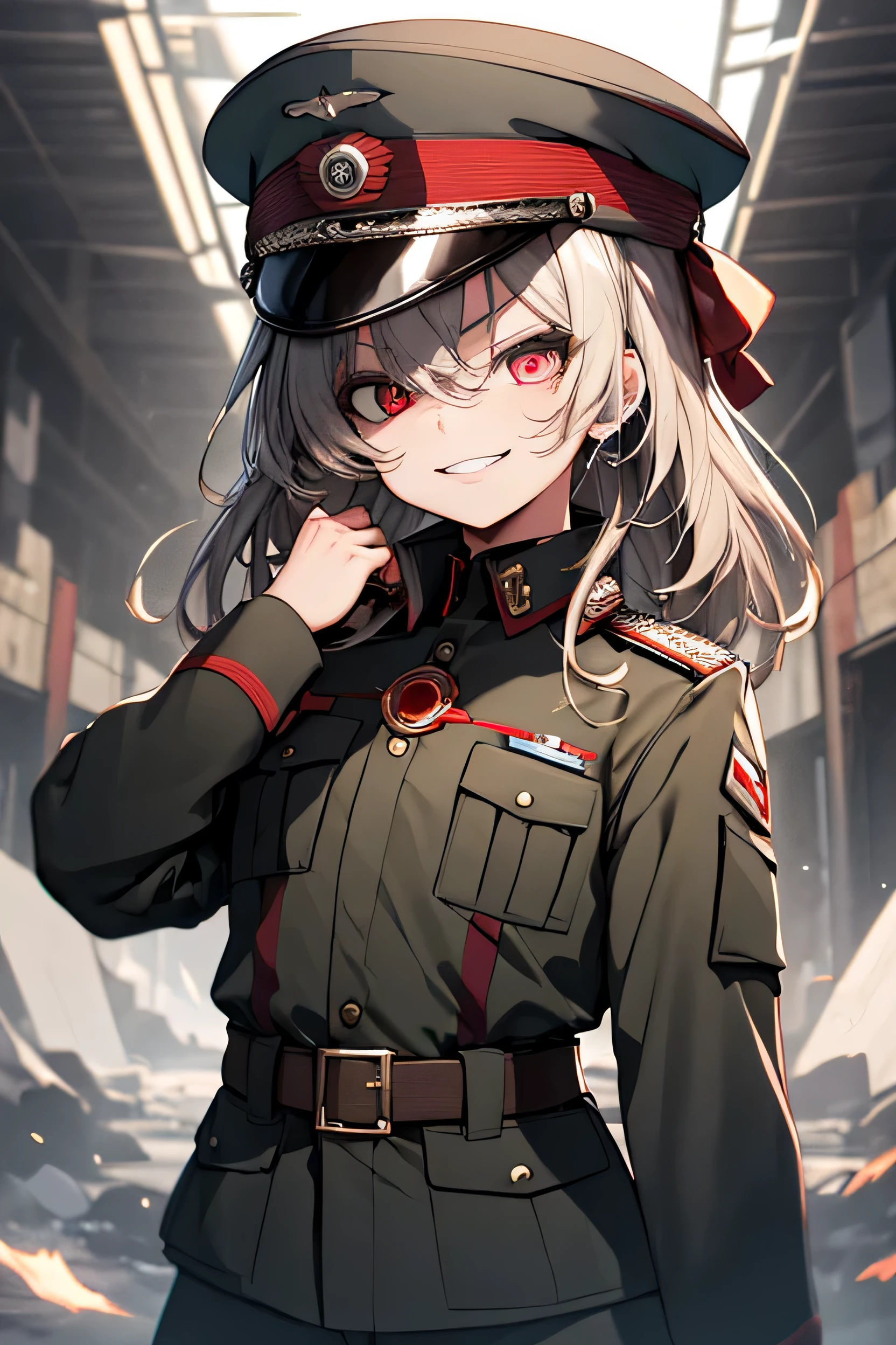 (masterpiece, best quality: 1.1), 1girl solo, tanya, 1girl, solo, petite, flat chest, small breasts, curvy, military, military uniform, , general hat, evil smile, wicked expression, anger, red eyes, neutral lighting