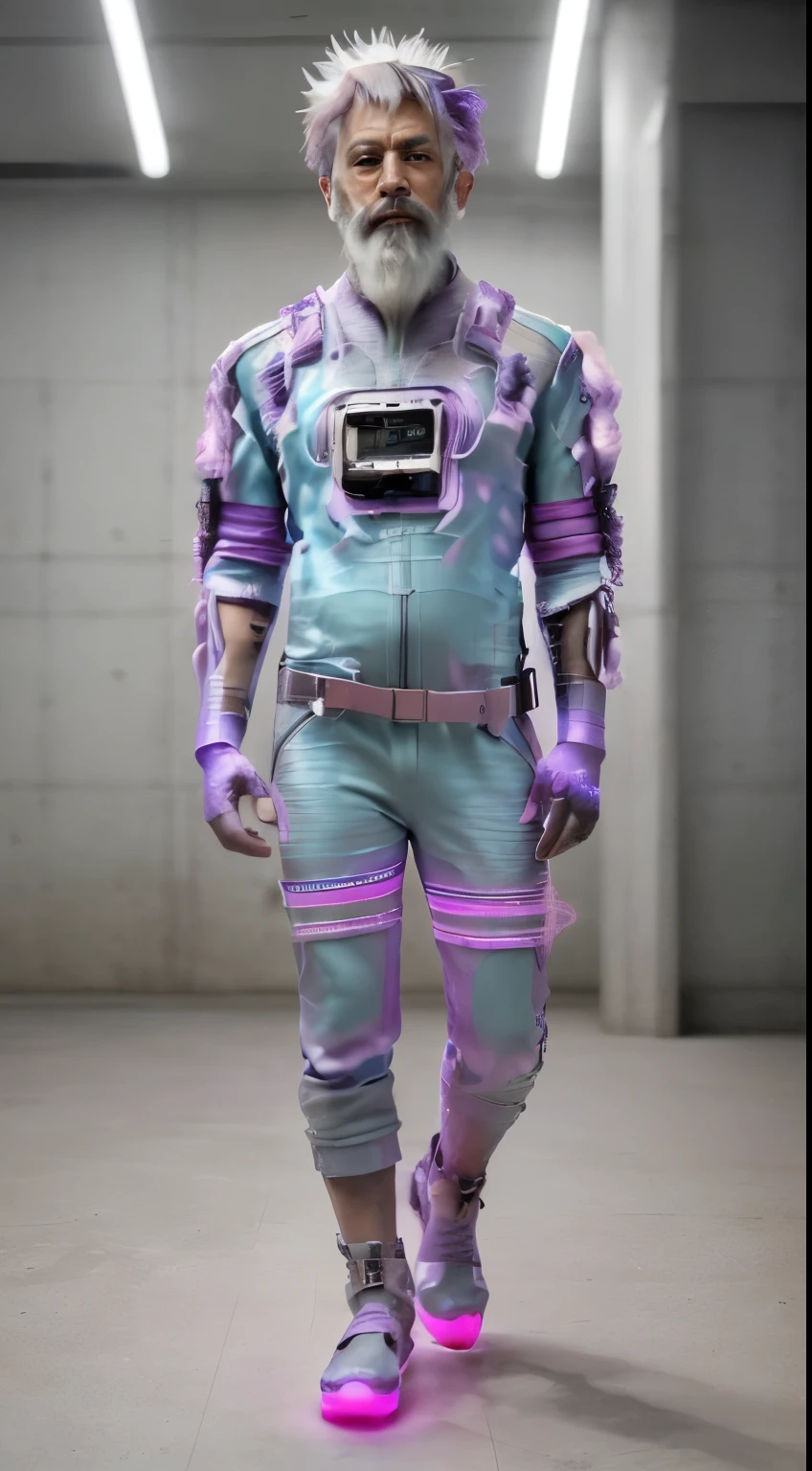 photorealistic photography with a million details , High Quality .Futuristic sage god, with a white beard and a disheveled fashionable gray haircut , he is 50 years old, cyber jumpsuit , pink purple gradient , glowing turquoise stripes , courageous strong , full length , rough shoes fantastic