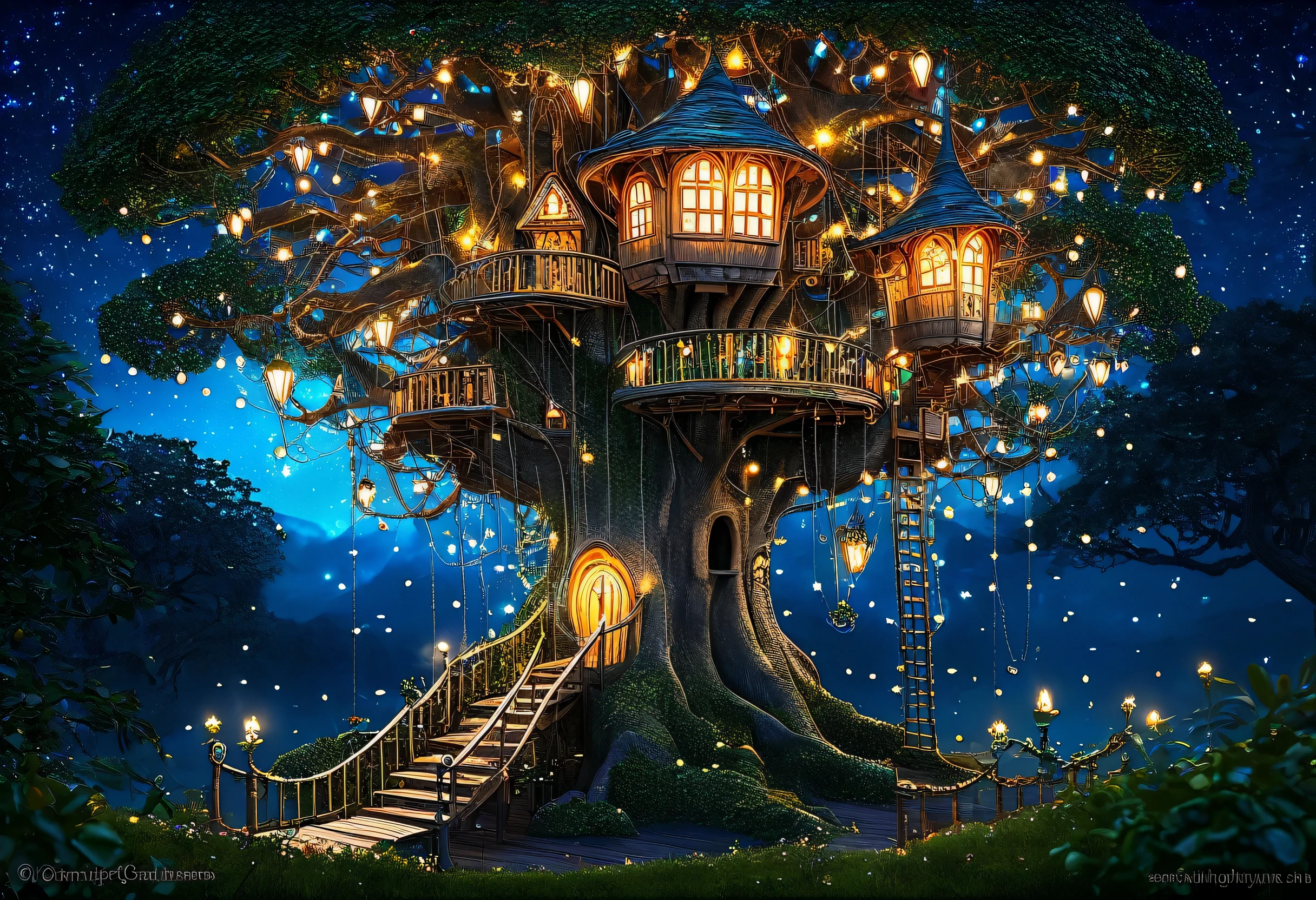 There is a treehouse that is lit up with fairy lights at night, Magic fantasy highly detailed, enchanted magical fantasy forest, magical fantasy forest, Magic fairy background, Beautiful depiction of a fairy tale, Magic Tree, Detailed fantasy digital art, Fantasy Tree, whimsical fantasy landscape art, Beautifully detailed fantasy, Magic Background, highly detailed fantasy art, Magical Environment, Fairey Palace, Detailed fantasy illustrations