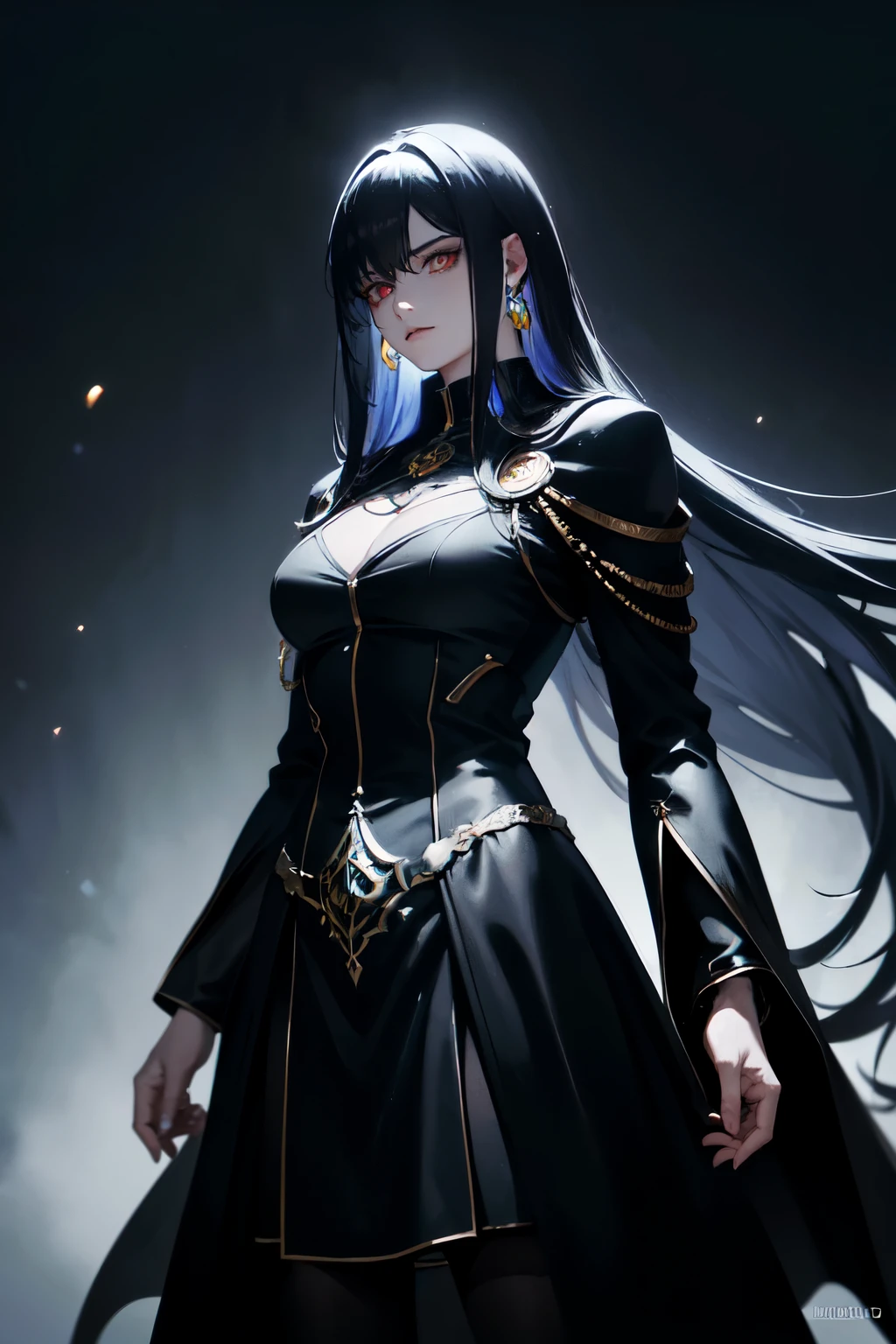 (full-body:1.1) wizard with (no beard), (black clothes), and a (very dark blue cape with yellow details). The wizard has (long light purple hair), (red eyes), and is wearing (earrings). There is a (large image) of a (cosmic clock) just above the wizard's head. The image quality is (best quality, highres:1.2), with (ultra-detailed) and (realistic:1.37) rendering. The artwork is created in a (dark fantasy) style, with (vivid colors) and (bokeh) effects. The overall color tone is (dark and mysterious), and the lighting gives a (dynamic and dramatic) atmosphere.