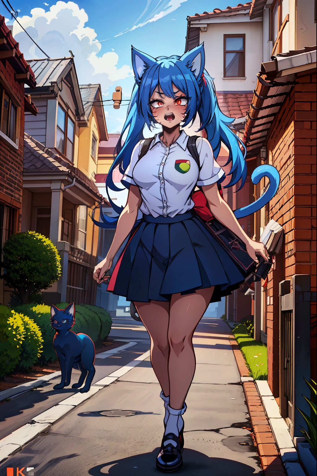 cat girl, blue hair, red eyes, cat ears, cat tail,white shirt, skirt, (extremely detailed CG unity 4k wallpaper),(masterpiece),(best quality),(ultra-detailed),(best illustration),(best shadow),(absurdres),(detailed background), Standing, rage, in front of Contemporary house, Lipstick, Eyeshadow,