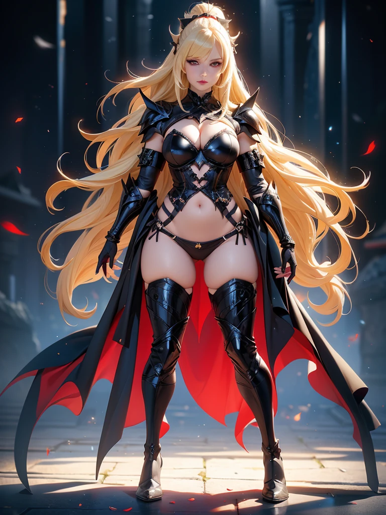 Voluptuous, Busty Blonde Female Dark Knight in Black Full Plate Bikini Armor, Red Eyes, Thigh high Full Plate Boots. (((Full Body View))), Long hair, Messy bun