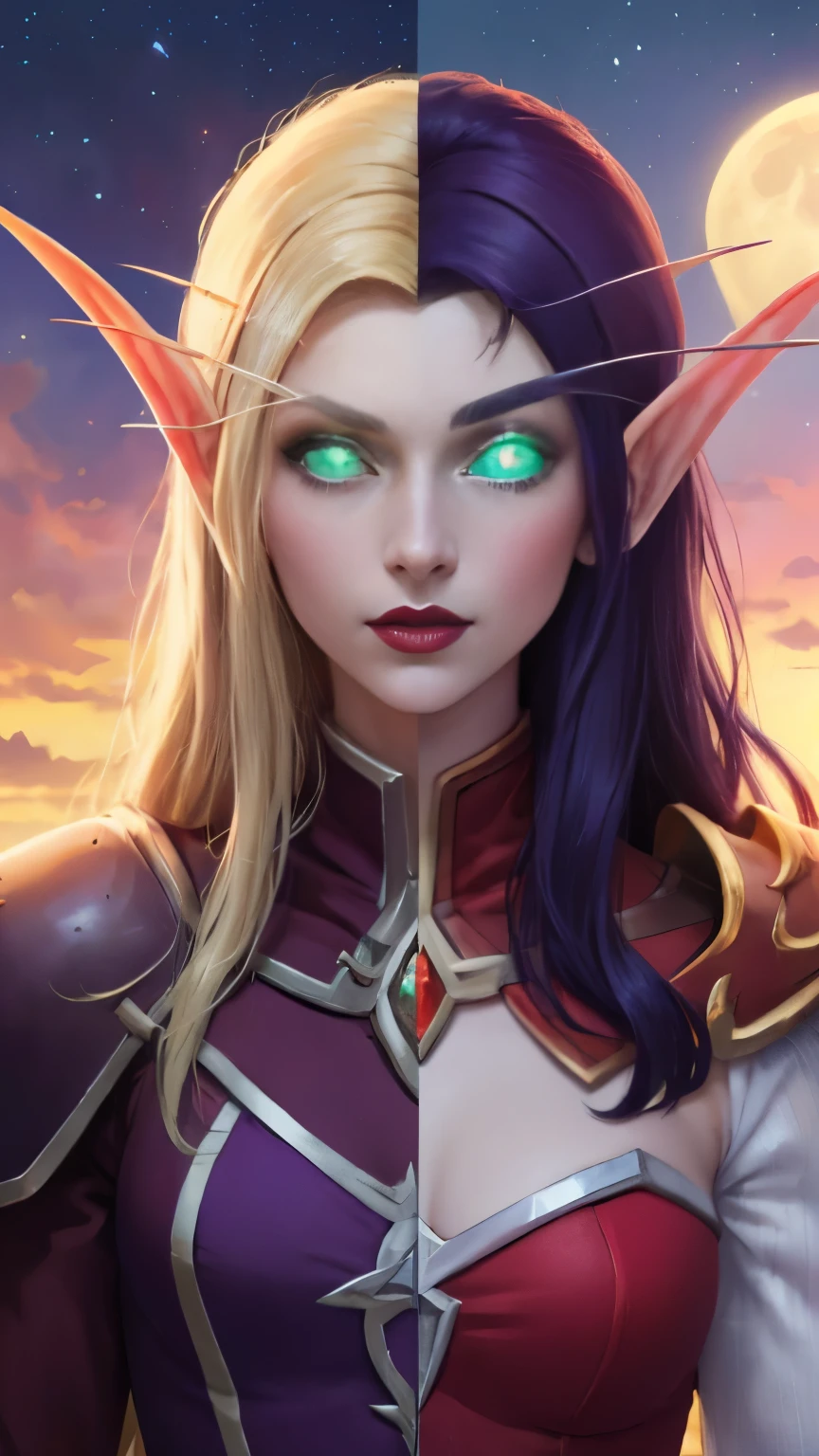 (Masterpiece, highly detailed, highly quality,  highly resolutions), 2 Pointy Ears, line between the middle, Split Colored Hair in the Middle, half with nightelf half with bldelf, cut the screen in the Middle, cut the Sun and Moon in Half, ({{BREAK nightelf, SplitScreen, split screen, Happy faces, glowing eyes, blue eyes, Purple Hair, colored skin, mature female, purple Dress, purple shoulder pad, purple lips, looking at viewer, night, Sleeve Long eyebrows, Princess of the Moon, Moon Background, Half Moon center}}), vs, (BREAK bldelf, SplitScreen, splitscreen, Happy Faces, glowing eyes, Green eyes, Blonde hair, colored sclera, mature female, Red Dress, red shoulder pad, red lips, looking at viewer, day, Sleeves, long Eyebrows, Princess of the Sun, Sun Background, Half Sun center))