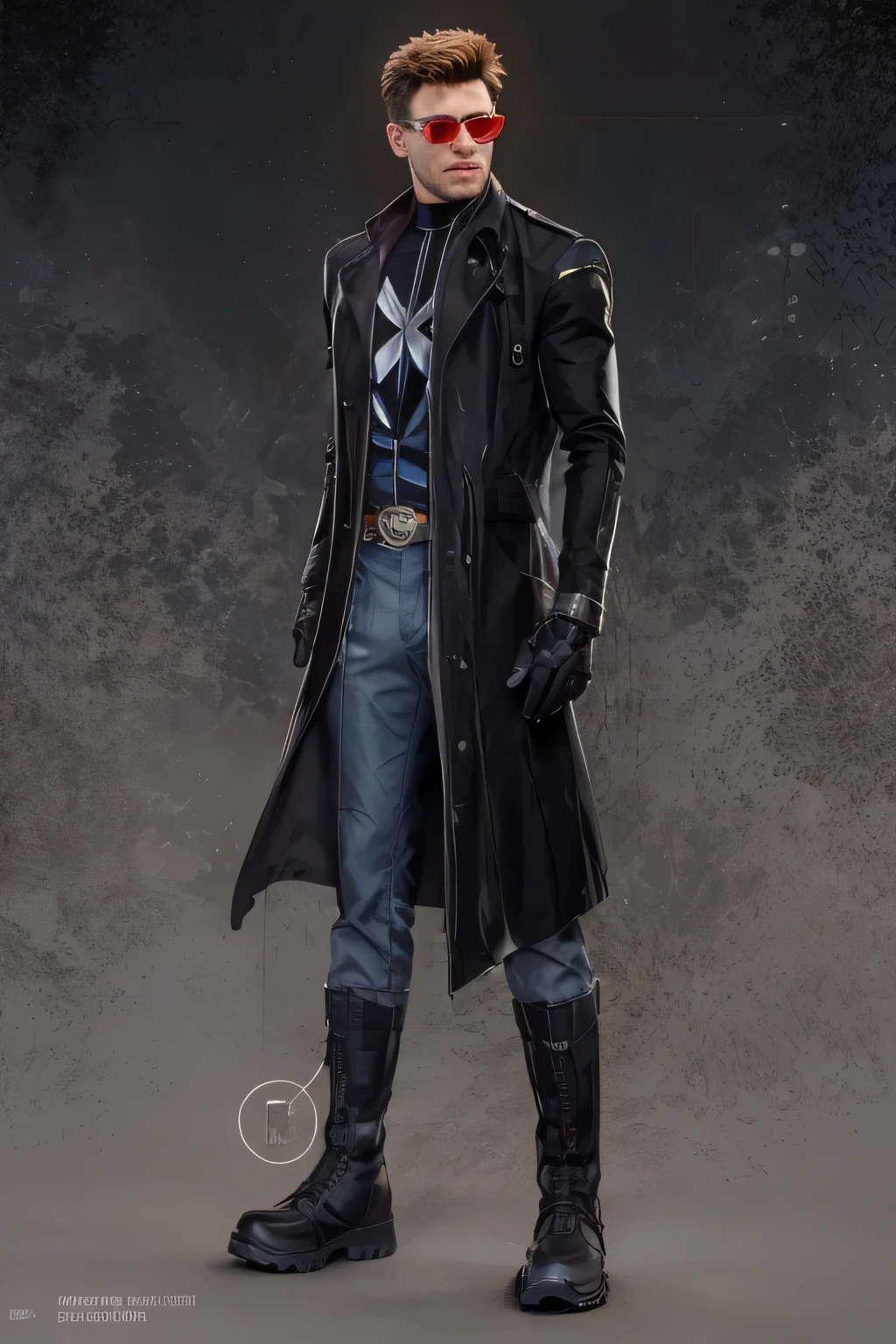 a man in a black coat and TR90 X-Men glasses, Super hero, botas pretas, ultra realista, ultra detalhado