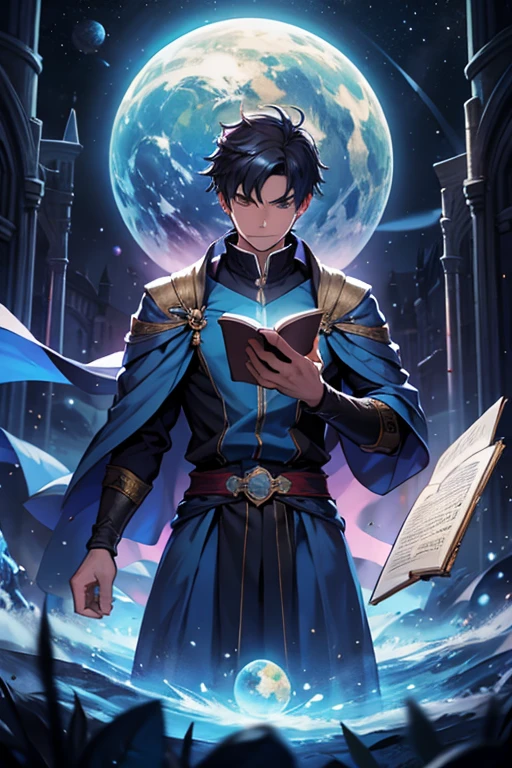 a man with a magic book and a planet behind 