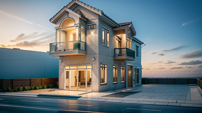 Ultra-realistic 8k, hd image quality, sharp detail, 2-story modern house, main materials: white walls, wooden ceiling accents, large glass windows, roads, cars, sidewalks, American Palm trees high, has a small alley, located in a residential area, modern style, shimmering sky, sunset light, feels peaceful, beautiful, close and warm, ((Warm light from indoor:1.3)), (daylight:1.2), perfect lighting,dynamic light,2 large glass doors,(((1 large glass window:1.3))), (night light), (colorful flowers in front of the house)