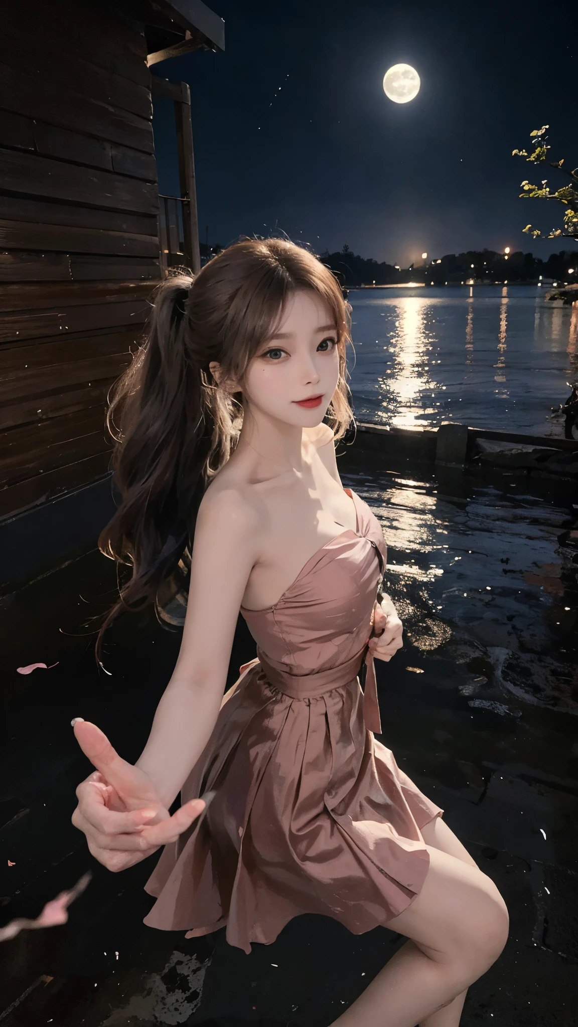 The viewer’s perspective is from above.masterpiece,Japanese anime style,4K quality wallpaper,Backlight,Contour light,Shallow depth of field。night time,Beauty with long reddish-brown hair and blue eyes,Real light and shadow,HDRBacklight,Contour light,Shallow depth of field,reddish brown long straight hair,Elegant Chinese beauty,smile,Wearing a strapless cardigan dress,Dancing by the lake,The moonlight reflects on her skin,Petals scatter in the wind,Fireflies flying everywhere,The skirt flutters,The picture has a sense of rhythm
