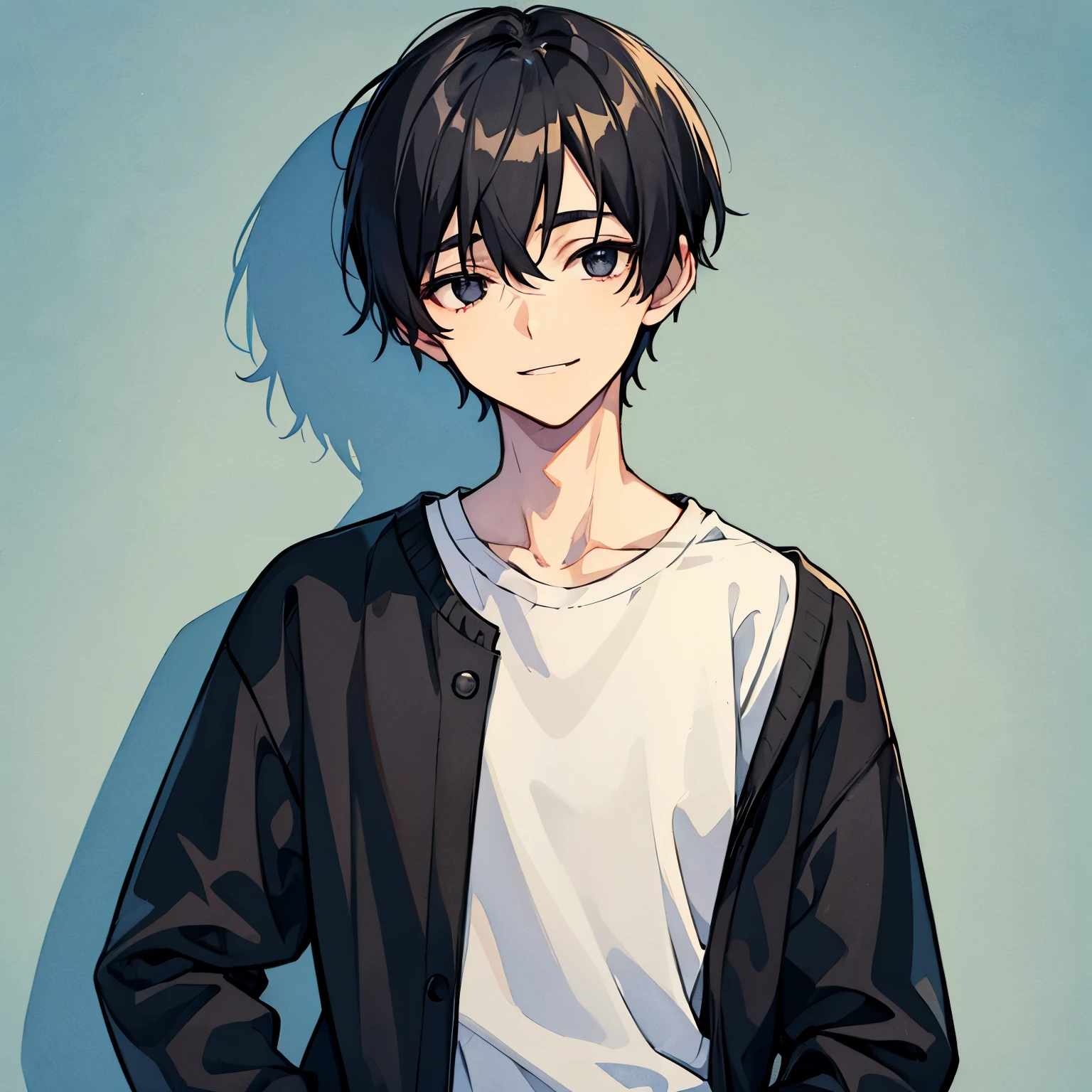 a Boy, eighteen years old, beautiful, light watercolor, black hair, very short hair, (smiling0.7), black eyes, droopy eyes, very thin eyebrows, wide-eyed, fair skin, skinny, sweater, long sleeves, boyish, upper body,