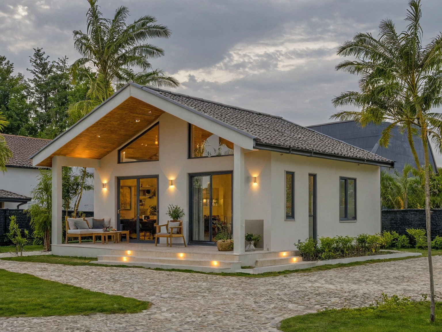 chef-d&#39;artwork, high quality, best quality, HD, authentique, Great detail, en plein air, villa de plain-piedXL, credit group, style de maison moderne dans la rue ,escaliers, mur blanc ,route,pavement, herbe, des arbres, ciel, nuage, (day light:1.1)

