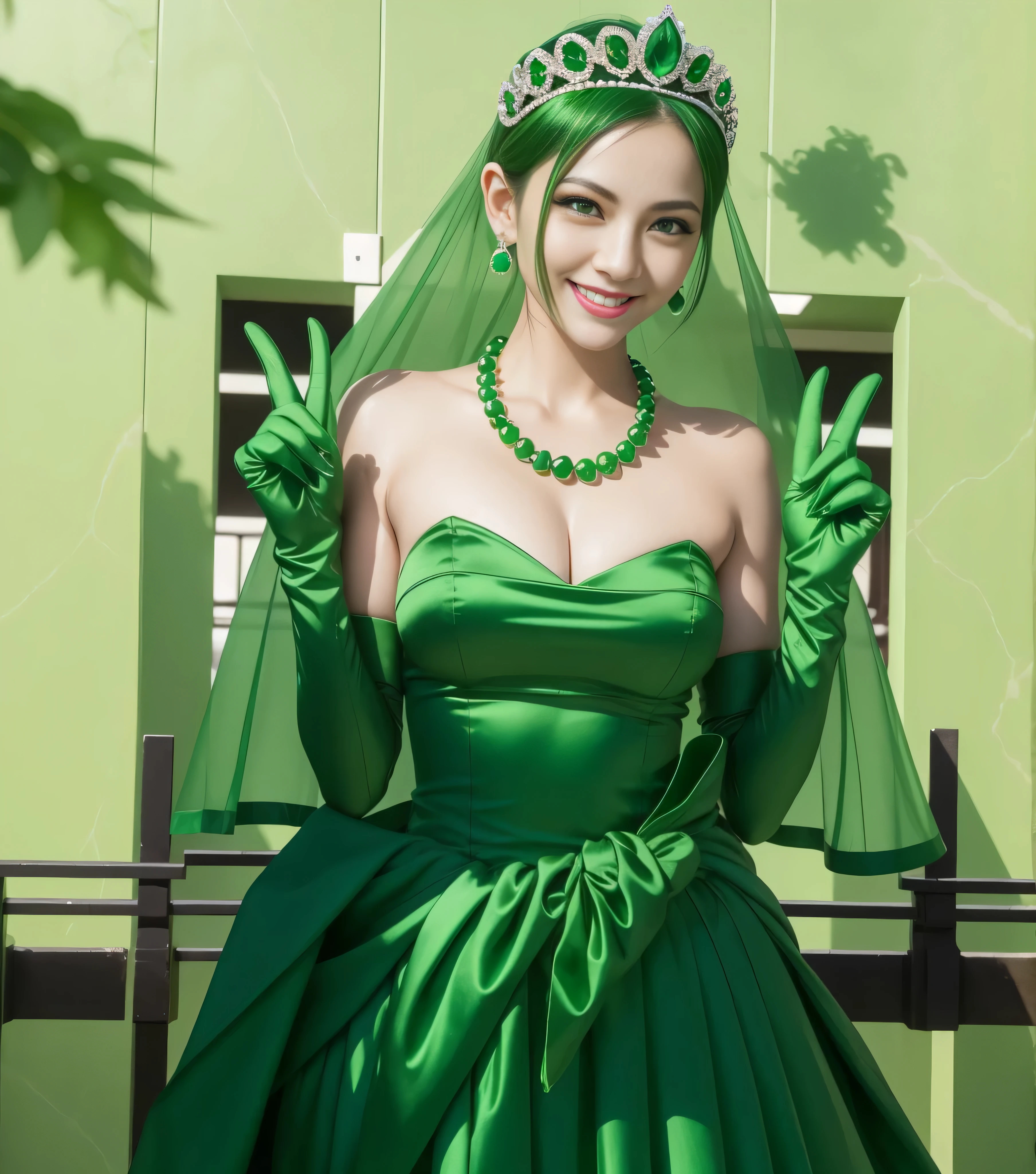 Emerald tiara, Green Pearl Necklace, Boyish very short green hair, lipstick, Smiling Japanese woman, Very short hair, Big tits beautiful, Green Eyes, Long green satin gloves, Green Eyes, emerald earrings, Green Veil, v sign