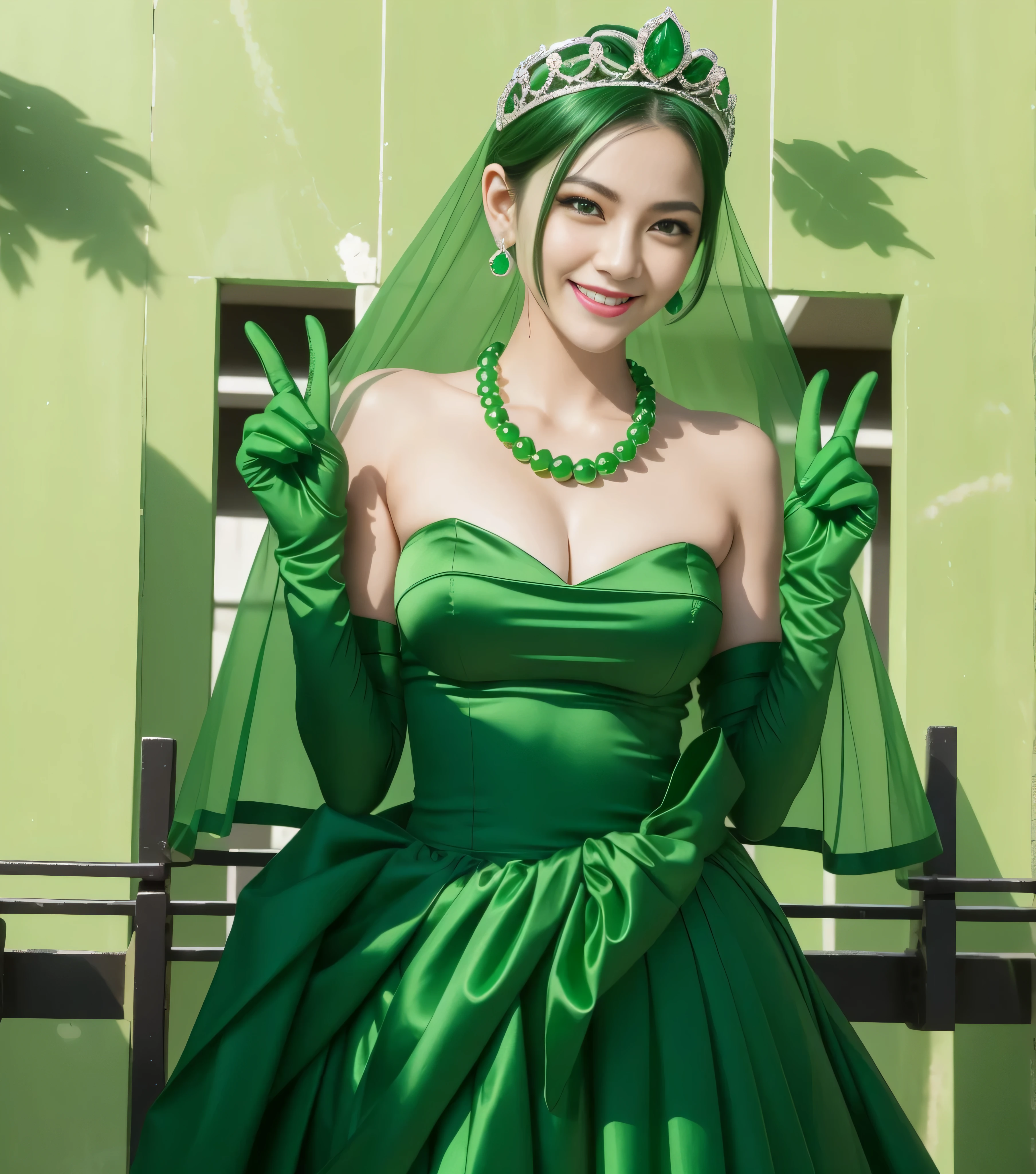 Emerald tiara, Green Pearl Necklace, Boyish very short green hair, lipstick, Smiling Japanese woman, Very short hair, Big tits beautiful, Green Eyes, Long green satin gloves, Green Eyes, emerald earrings, Green Veil, v sign