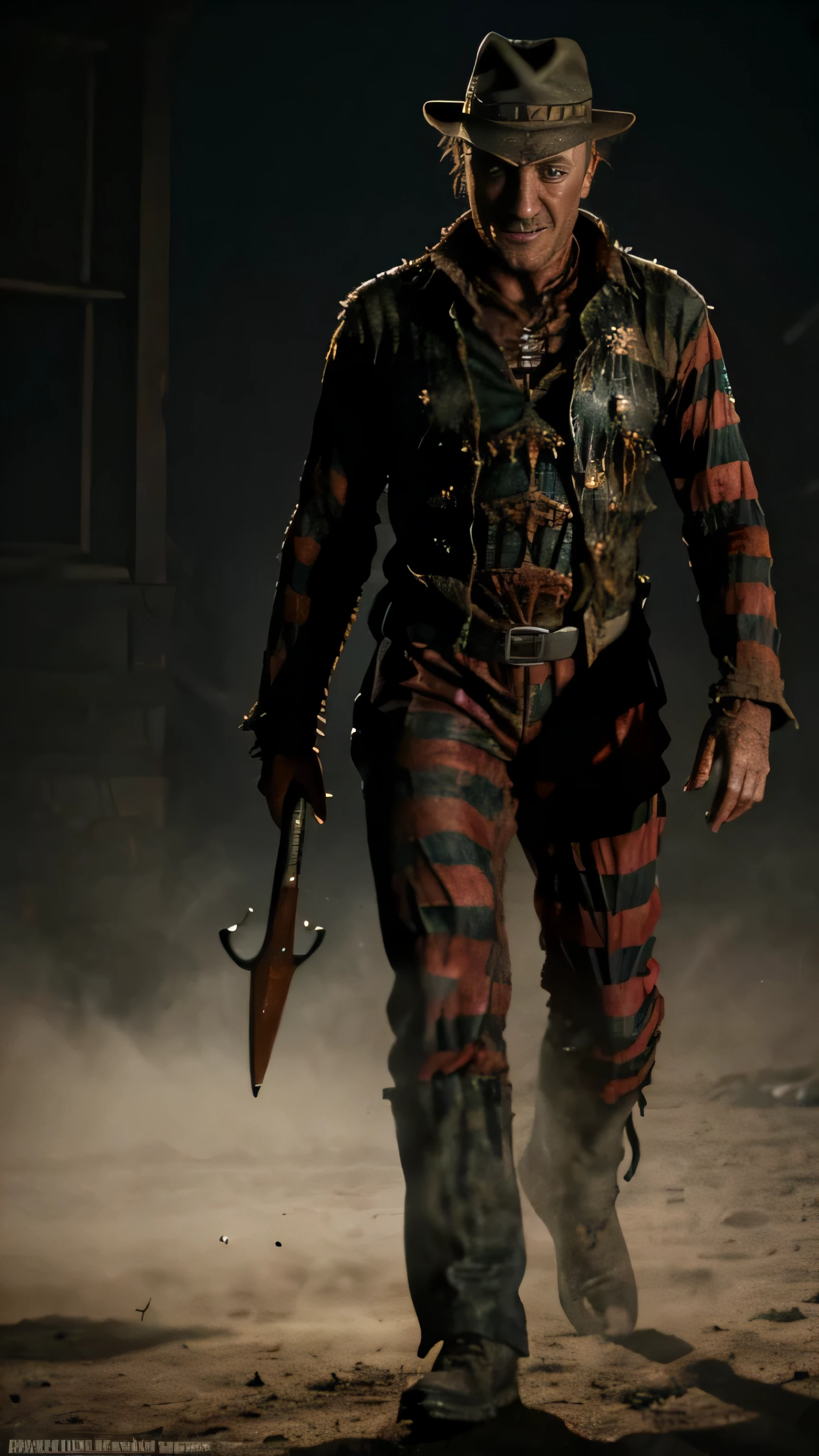 postapocalypse, ((Jerome Flynn)) as ((Freddy Krueger)), (1man), (solo), (full body view), beautiful detailed glow, detailed, cinematic light, intricate detail, realistic, highres, detailed facial features, high detail, sharp focus, smooth, aesthetic, extremely detailed, stamp, octane render