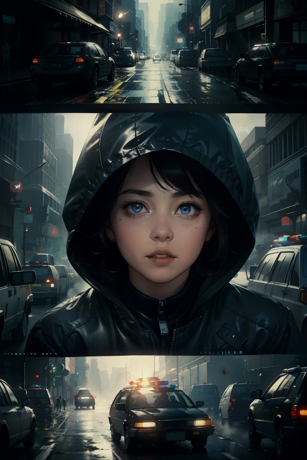 ((highest quality)), ((masterpiece)), (be familiar with), (High definition), (Accurate), (Realistic), (Cinematic), (Best Shadow), (Low contrast), (8K), Perfect Face, ((SYD MEAD style)), manga、mangaデザイン、Storyboard、Frame division、1 Female, Black Hair, very short hair, ((Blue Eyes)), (Replicant), (On the run:1.2 )、Wearing a hooded raincoat、Hollow Eyes、(Scramble crossing), Being chased by the police、(2Police Droneが飛んでいる)、The car is jammed、congestion, congestion, Decadent Future City, NEO TOKYO, A.D.2051, (steam:1.2), It's raining white, evening, (Close-up of face)、Bust Shot