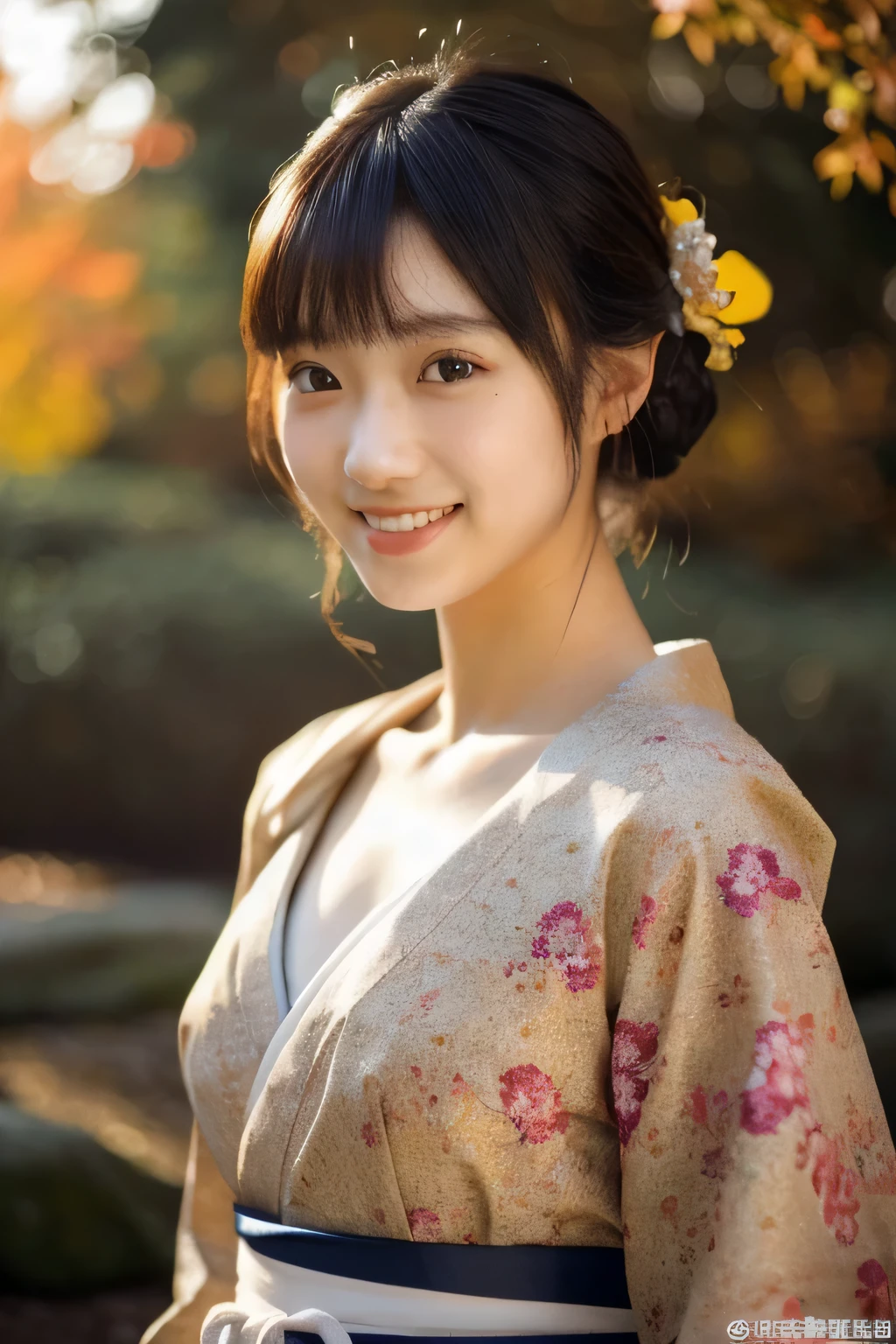 (realistic:1.3), finely detailed, quality, rembrandt lighting, (masterpiece:1.2), (photorealistic:1.2), (best quality), (detailed skin:1.3), (intricate details), dramatic, ray tracing, 1girl, japanese girl, 21 years old, detailed skin texture, (blush:0.5), (goosebumps:0.5), subsurface scattering, smiling, medium breasts, updo hair, bangs, hair between eyes, hair ornaments, kimono, floral print, obi, edgJF_clothing, wearing edgJF_kimono, seiza (bright sunny day, autumn setting, autumn trees and leaves, (zen garden:1.2)), 