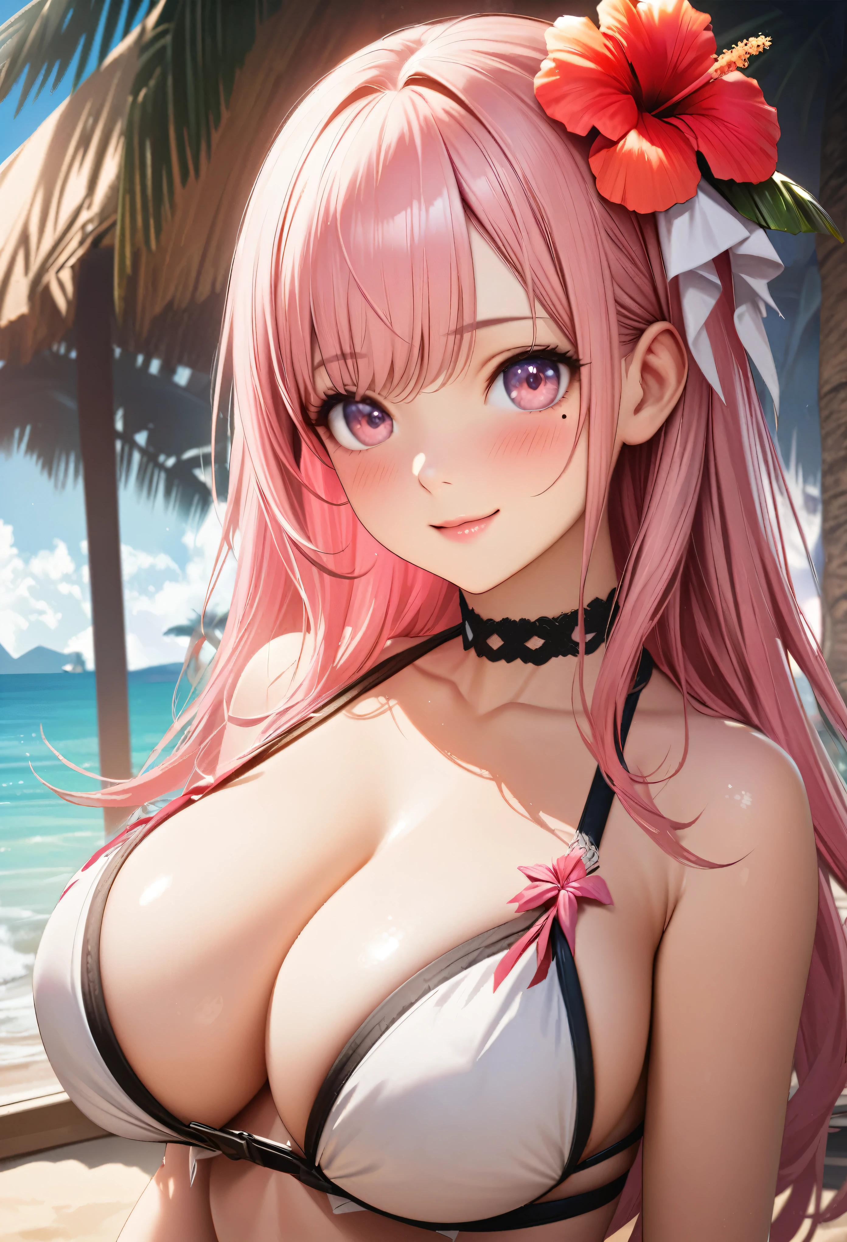 masterpiece, highest quality, Very detailed, High resolution, An expensive solution, High resolution, 4K, 8k, unity 8k wallpaper, Very detailed CG, masterpiece, Realistic、 Beautiful details, depth, Fine texture, highest quality: 1.3, Total concentration, Crisp skin, he, Very cute anime, Cute like an idol, expensive pink long hair, One Girl,bikini、Big Breasts、Sandy Beach、Ocean 、Palm tree、Tropical Juice、 Hibiscus Hair Accessories, smile、long pink hair, whole body, Mole under the eye, Line Sight, expensive, blush, Lips parted, heart, Pink Eyes, choker