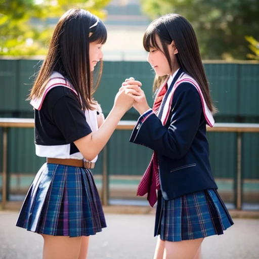 Two Japanese elementary school girls in revealing clothes kissing