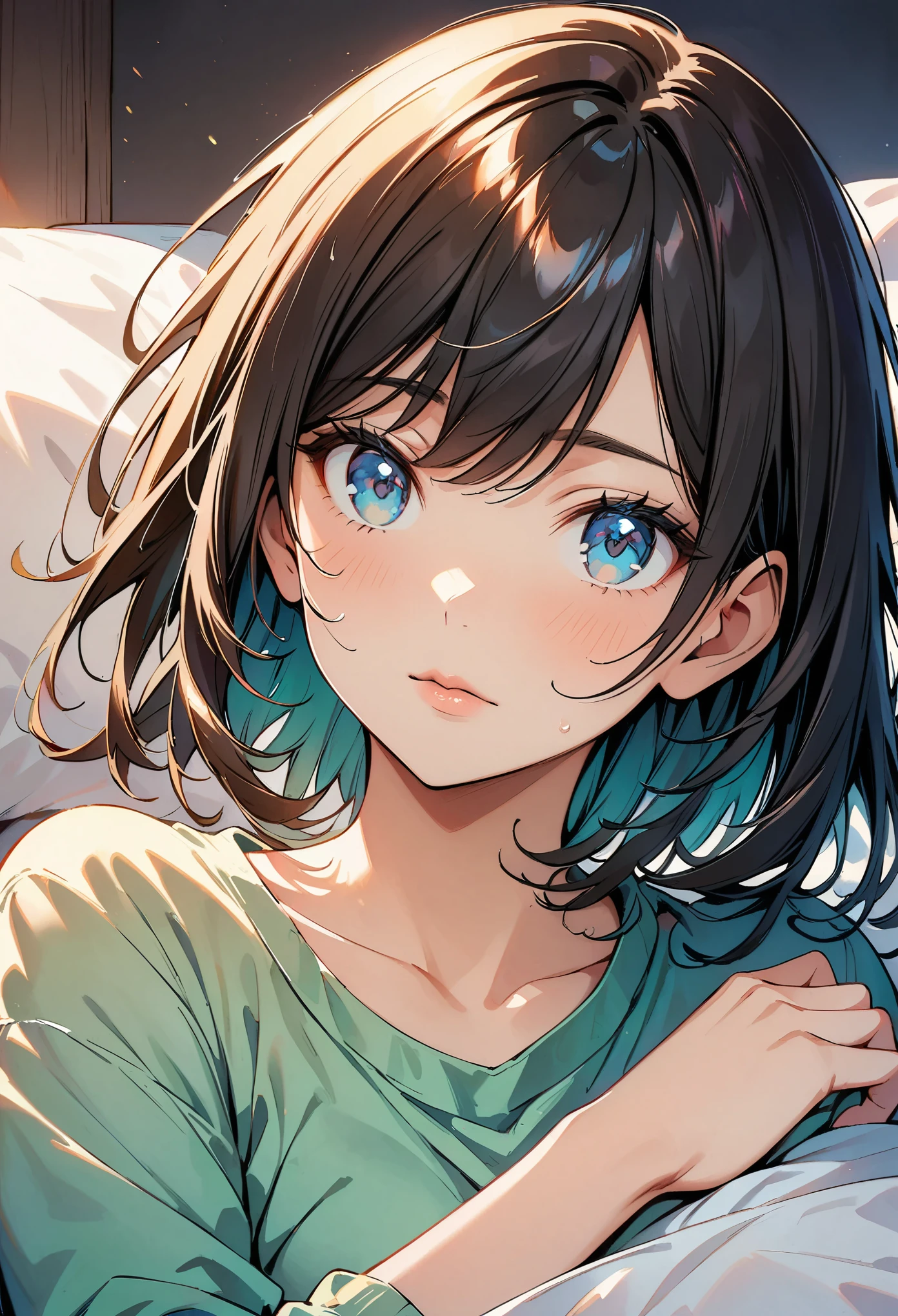 (highest quality:1.2, Comic Artwork, Comic book style, Very detailed, up to date, Vibrant, digital coloring, High Contrast, masterpiece:1.2, Best Quality, Best aesthetics, aya), Beautiful detailed eyes, ((Moist eyes)), Beautiful detailed lips, Very detailed目と顔, Long eyelashes(1girl), Close-up shot, Portrait, Lying in bed, Soft lighting, Calm colors, Graceful pose, Calm expression, Short Hair.