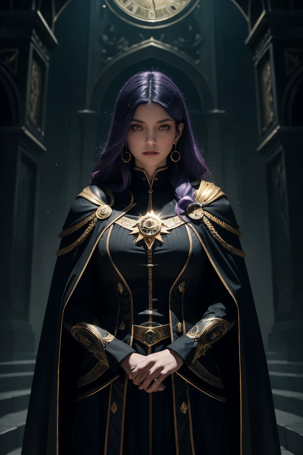 (full-body:1.1) wizard with (no beard), (black clothes), and a (very dark blue cape with yellow details). The wizard has (long light purple hair), (red eyes), and is wearing (earrings). There is a (large image) of a (cosmic clock) just above the wizard's head. The image quality is (best quality, highres:1.2), with (ultra-detailed) and (realistic:1.37) rendering. The artwork is created in a (dark fantasy) style, with (vivid colors) and (bokeh) effects. The overall color tone is (dark and mysterious), and the lighting gives a (dynamic and dramatic) atmosphere.
