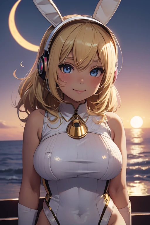 Photo of beautiful jpn-gyaru, masterpiece, 1 girl,
(8 :1.4), Cyborg girl with blonde bob hair and blue eyes and dark skin, (blonde bob hair: 1.2), big breasts, smile, (mechanical bunny ears headband: 1.2), headphones,white leotard,enamel sleeve, (crescent moon sunset:1.3), bayside, shore, cowboy shot, 