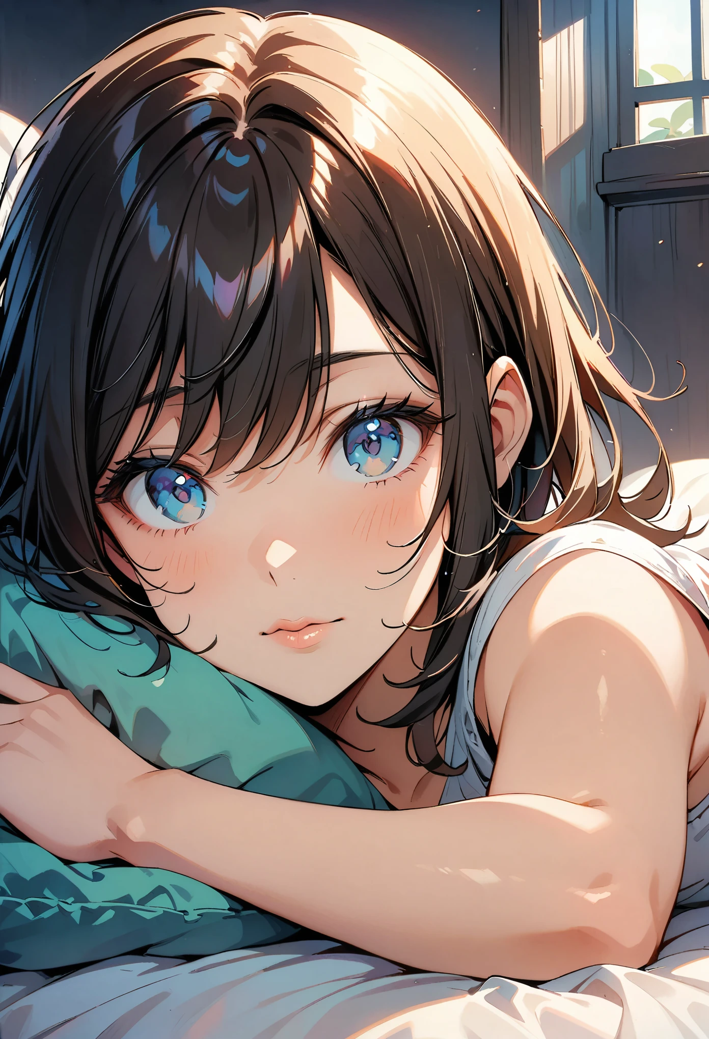 (highest quality:1.2, Comic Artwork, Comic book style, Very detailed, up to date, Vibrant, digital coloring, High Contrast, masterpiece:1.2, Best Quality, Best aesthetics, aya), Beautiful detailed eyes, ((Moist eyes)), Beautiful detailed lips, Very detailed目と顔, Long eyelashes(1girl), Close-up shot, Portrait, Lying in bed, Soft lighting, Calm colors, Graceful pose, Calm expression, Short Hair.