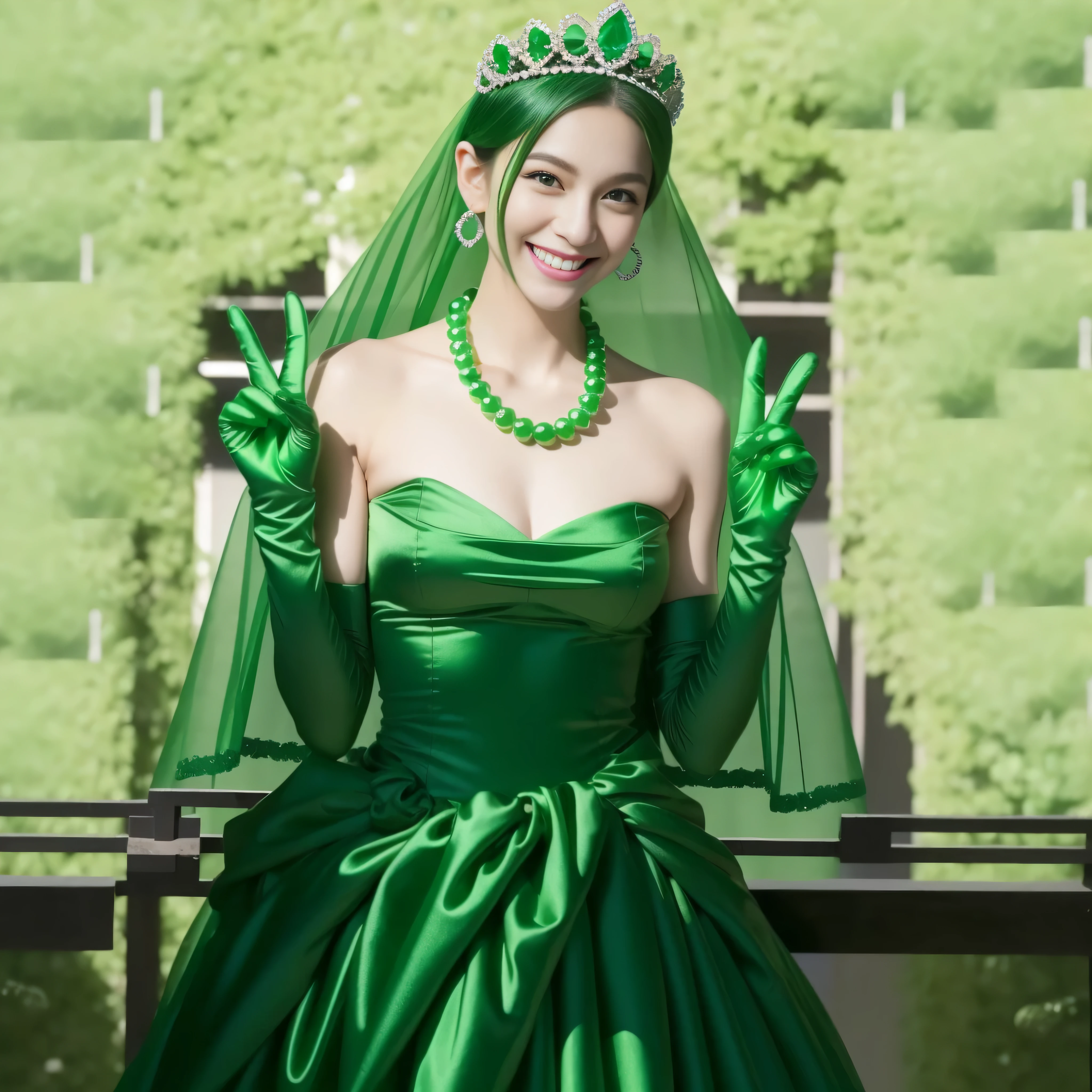 Emerald tiara, Green Pearl Necklace, Boyish very short green hair, lipstick, Smiling Japanese woman, Very short hair, Big tits beautiful, Green Eyes, Long green satin gloves, Green Eyes, emerald earrings, Green Veil, v sign