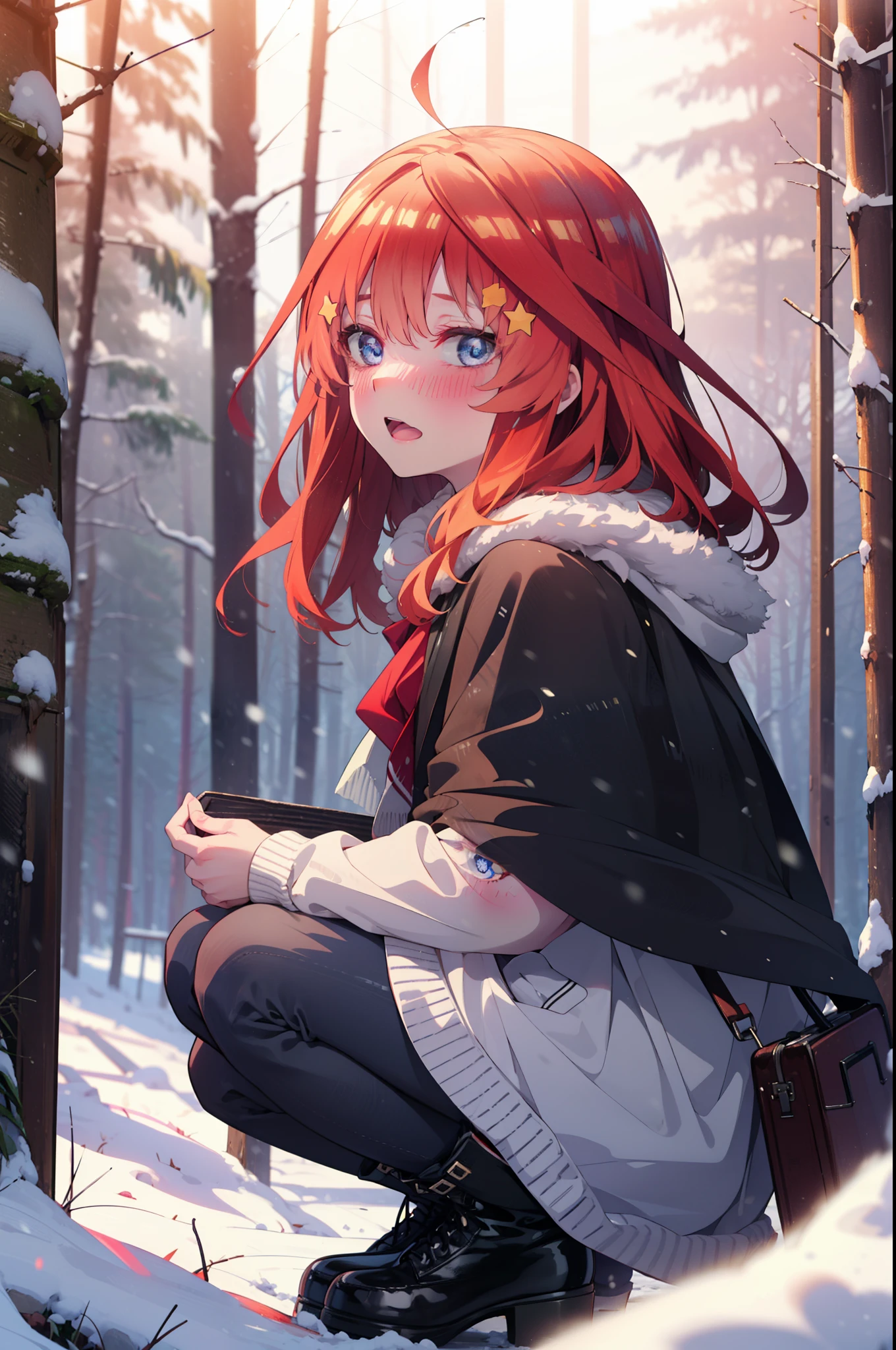 itsukinakano, Itsuki Nakano, bangs, blue eyes, Hair between the eyes, Ahoge, Redhead, star \(symbol\), hair ornaments, star hair ornaments,smile,blush,White Breath,
Open your mouth,snow, fire, Outdoor, boots, snowing, From the side, wood, suitcase, Cape, Blurred, Increase your meals, forest, White handbag, nature, Squat, Mouth closed, フードed Cape, winter, Written boundary depth, Black shoes, red Cape break looking at viewer, Upper Body, whole body, break Outdoor, forest, nature, break (masterpiece:1.2), highest quality, High resolution, unity 8k wallpaper, (shape:0.8), (Beautiful and beautiful eyes:1.6), Highly detailed face, Perfect lighting, Highly detailed CG, (Perfect hands, Perfect Anatomy),