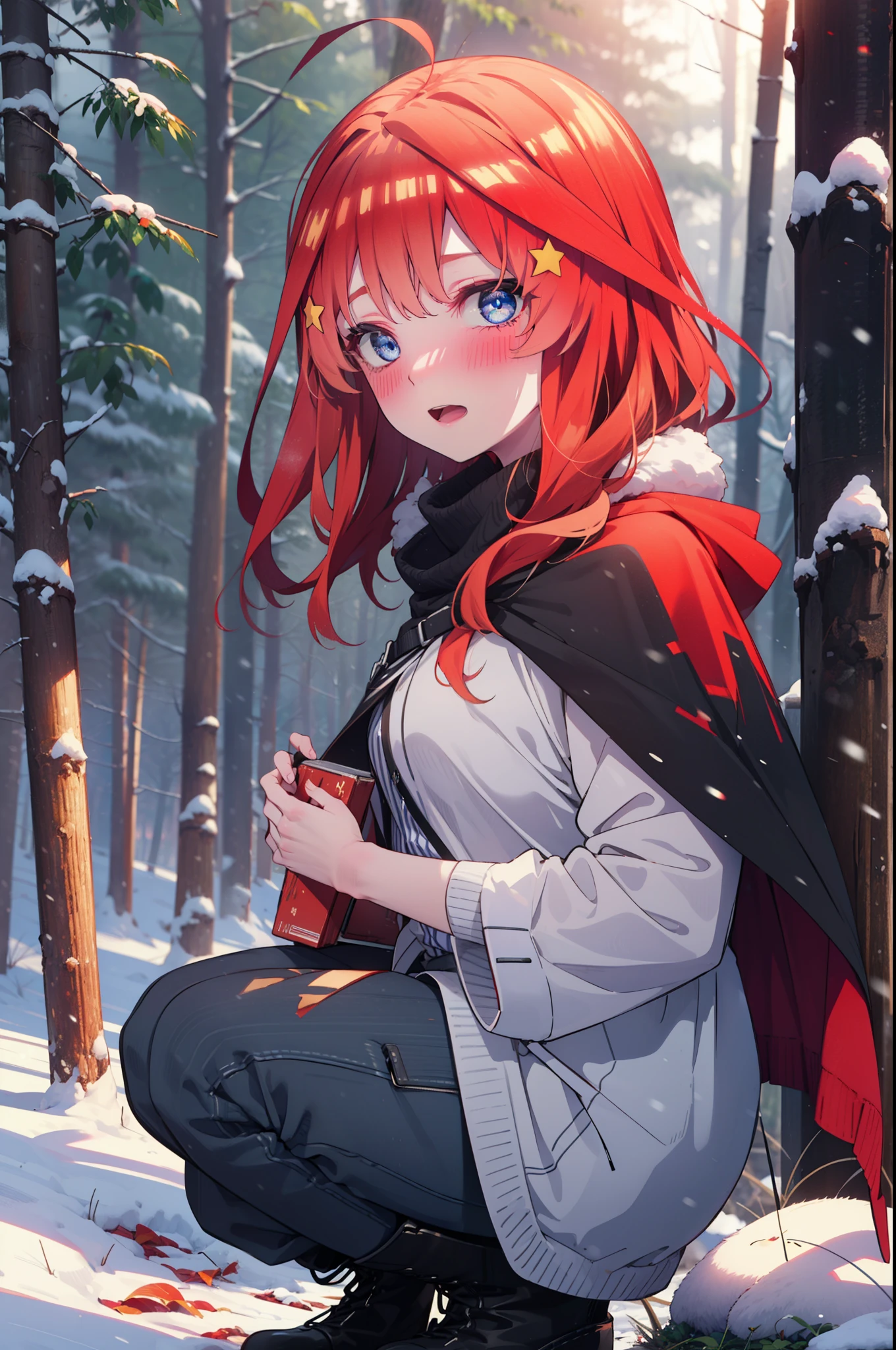 itsukinakano, Itsuki Nakano, bangs, blue eyes, Hair between the eyes, Ahoge, Redhead, star \(symbol\), hair ornaments, star hair ornaments,smile,blush,White Breath,
Open your mouth,snow, fire, Outdoor, boots, snowing, From the side, wood, suitcase, Cape, Blurred, Increase your meals, forest, White handbag, nature, Squat, Mouth closed, フードed Cape, winter, Written boundary depth, Black shoes, red Cape break looking at viewer, Upper Body, whole body, break Outdoor, forest, nature, break (masterpiece:1.2), highest quality, High resolution, unity 8k wallpaper, (shape:0.8), (Beautiful and beautiful eyes:1.6), Highly detailed face, Perfect lighting, Highly detailed CG, (Perfect hands, Perfect Anatomy),