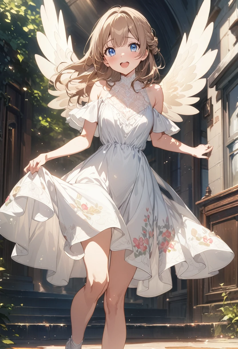 a high resolution, Best quality, masterpiece, сверхa high resolution, Anime, illustration, One, A very beautiful and sweet woman in her twenties, she wears a light white miniskirt-length dress with a floral print and flutters her wings., her hair is moving, Whole body, wonderful perfect proportions, medium length shiny light brown hair, high layer cut, mullet hairstyle, bright blue eyes, happy, Shy