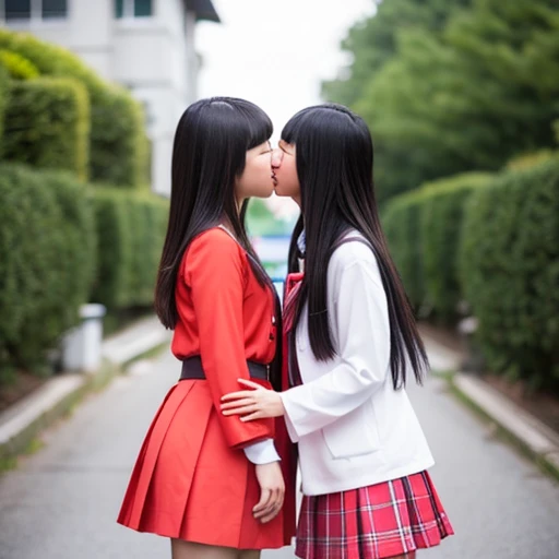 Two Japanese  girls in revealing clothes kissing