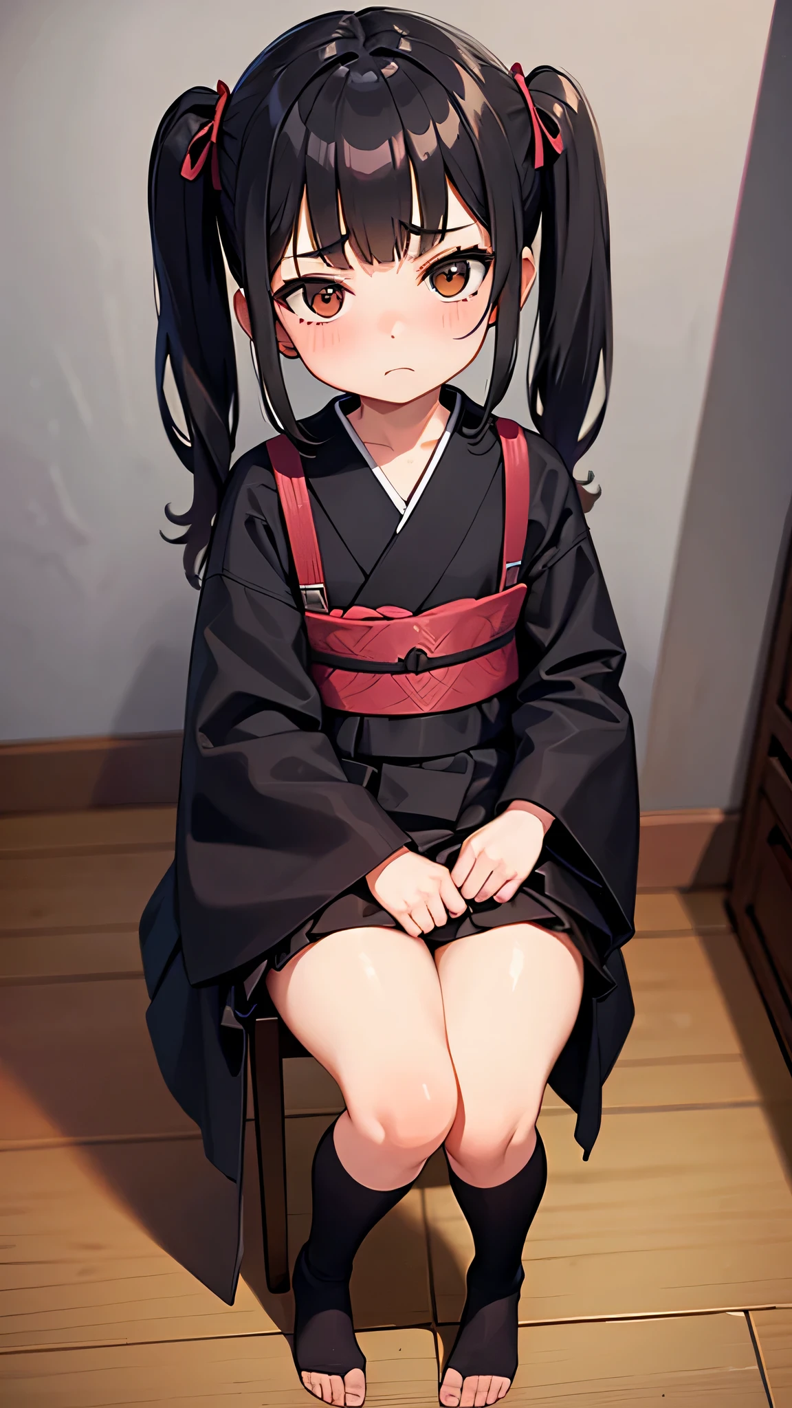 (masterpiece), detailed face, high resolution, (1girl, short, black hair, long big pigtails, brown eyes, grumpy face), (****: 1.3), black kimono, bare legs, thick tights, wooden floor, wooden walls, dim light,((up to down perspective, close view, portrait)), front view, pov, standing, portrait