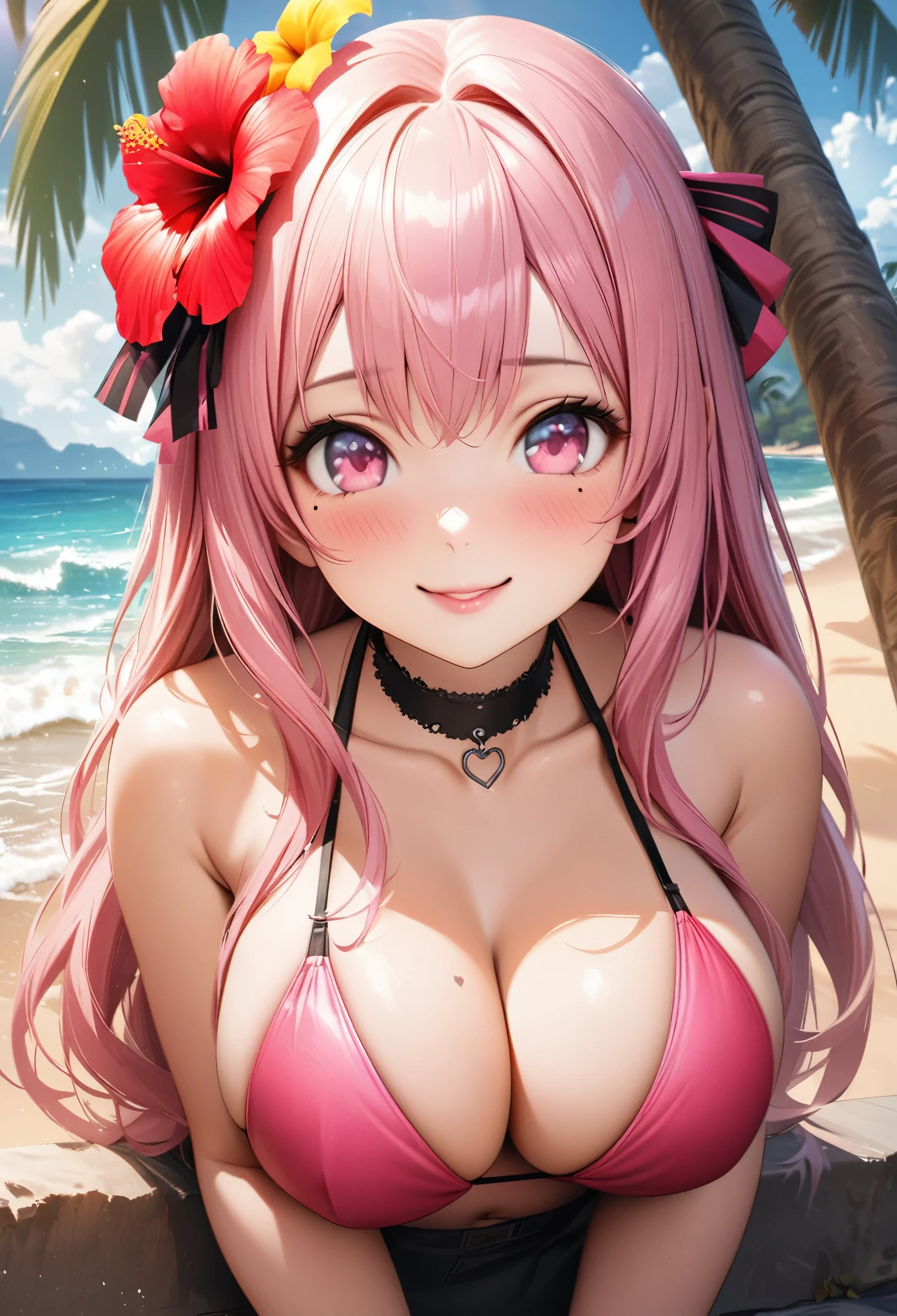 masterpiece, highest quality, Very detailed, High resolution, An expensive solution, High resolution, 4K, 8k, unity 8k wallpaper, Very detailed CG, masterpiece, Realistic、 Beautiful details, depth, Fine texture, highest quality: 1.3, Total concentration, Crisp skin, he, Very cute anime, Cute like an idol, expensive pink long hair, One Girl,bikini、Big Breasts、Sandy Beach、Ocean 、Palm tree、Tropical Juice、 hibiscus hair accessory, smile、long pink hair, whole body, Mole under the eye, Line Sight, expensive, blush, Lips parted, heart, Pink Eyes, choker