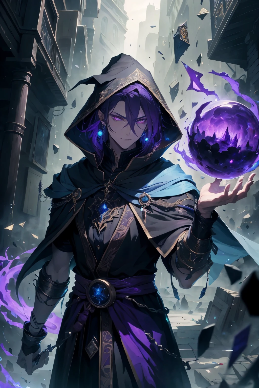 (full-body:1.1) The wizard, devoid of a beard, is clad in (black clothes), whilst a (very dark blue cape with yellow details) drapes over his shoulders. His (long, light purple hair) cascades down to his waist, framing his (red eyes) that gleam with an otherworldly radiance. (Earrings) adorn his pierced ears, adding to his mystical aura.
Above the wizard's head hovers a (gigantic, high-definition image) of a (cosmic clock). The image quality is of (best quality, highres:1.2), with (ultra-