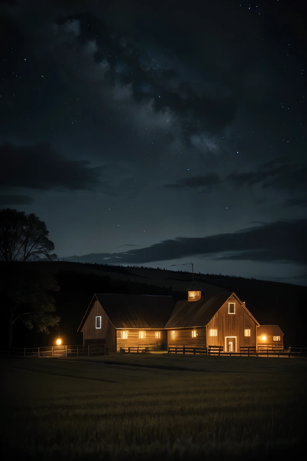beautiful scene of a farm under the night sky, Star-studded darkness envelops the peaceful landscape, Perfectly cultivated fields and quaint farmhouse, Glowing lantern lights, Old barn with wood grain texture, Scattered twinkling stars, Realistic, best quality, 4K, HDR, ultra-detailed, atmospheric, clean lines, subtle color palette, soft shadows, sharp focus, depth of field, professional, high resolution.