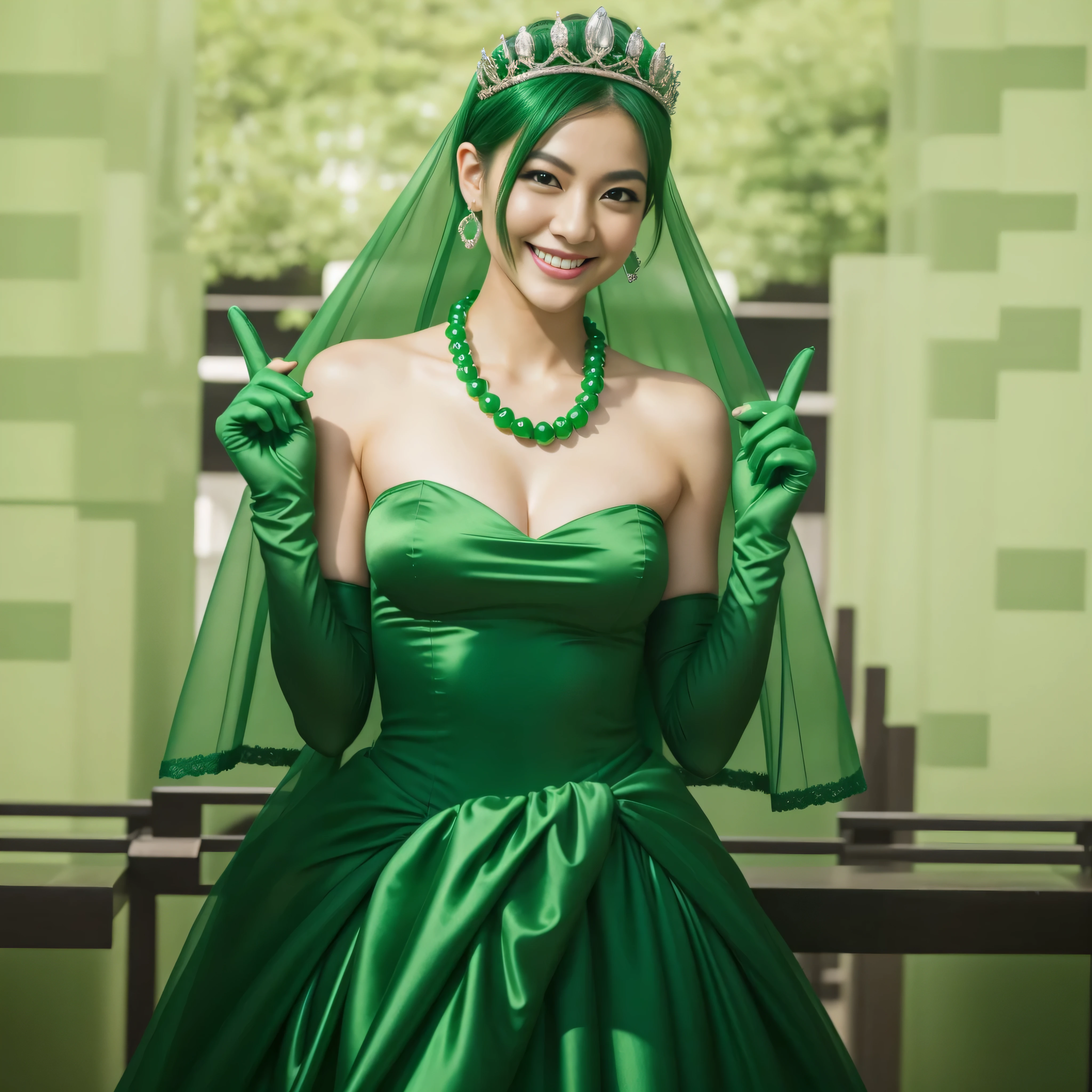 Emerald tiara, Green Pearl Necklace, Boyish very short green hair, lipstick, Smiling Japanese woman, Very short hair, Big tits beautiful, Green Eyes, Long green satin gloves, Green Eyes, emerald earrings, Green Veil, v sign