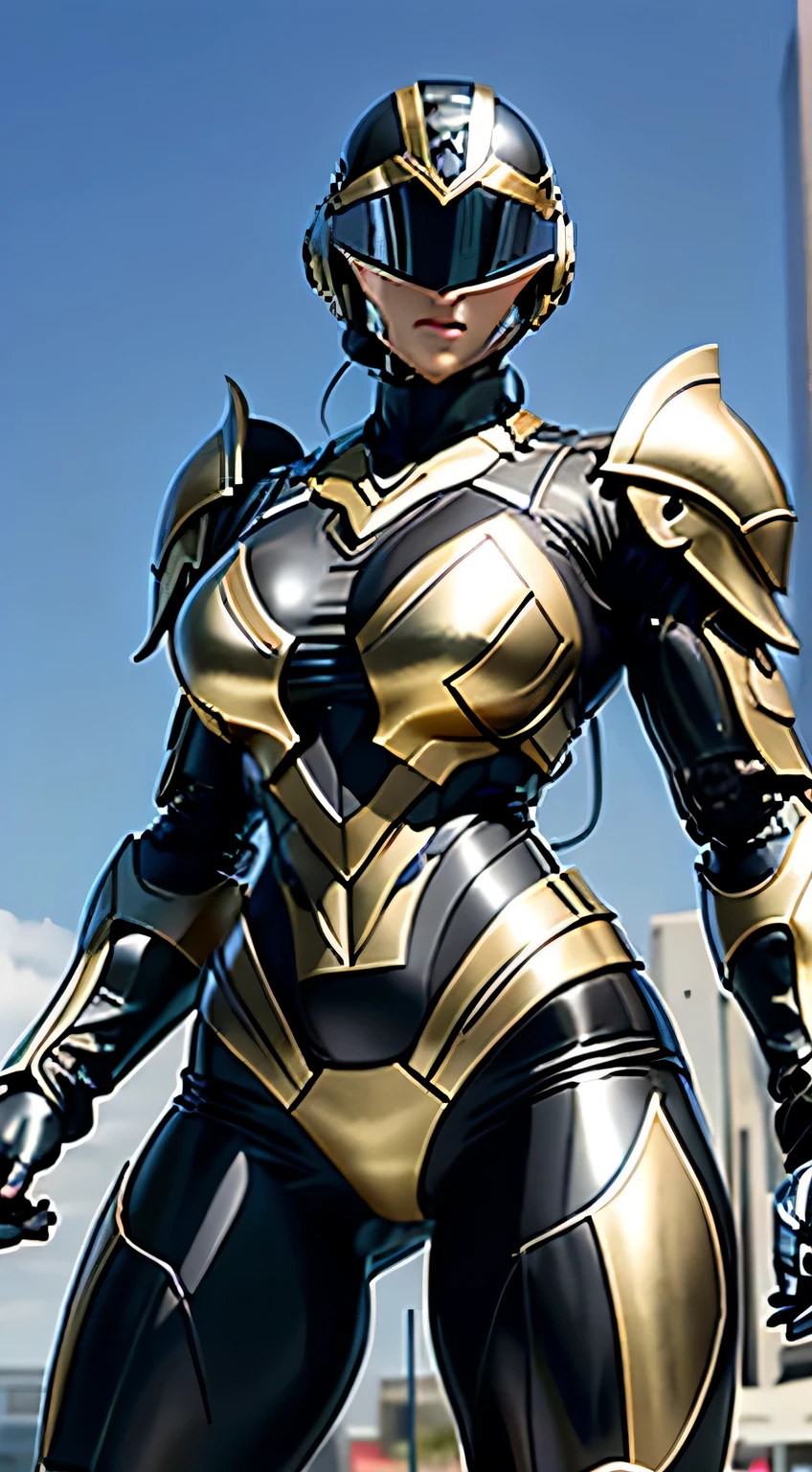 Female Robocop Solo、Bright outdoors、strong light source、8K, high quality, masterpiece, 最high quality、very detailed、Armor that completely covers the whole body、very large armor、Helmet covering the head、clear pictures、The eyes are hidden by thin, straight goggles:1.3、The lower half of the face is raw:1.5、Face exposed from nose down:5.0、Luscious lips、Pure black metallic armor with thin gold lines、Armor that completely covers the chest、Long, slender legs、Vibrant posel body view,Big and ample breasts:1.5, (Sports Body:1.5)、Five Fingers、Photos in the city