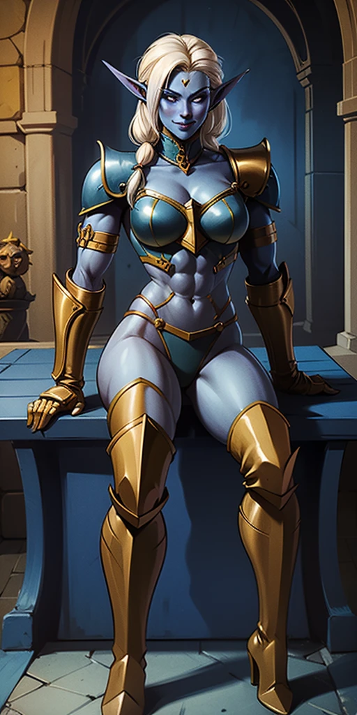 full body sitting on a bench showing ass to me, BLUE breastplate, BLUE skin (1girl)(BLUE skin:1.2), looking at viewer, shiny, armor, thigh highs, high boots, pauldrons shoulder armor, faulds, poleyn, gloves, gauntlets, rerebrace armored boots, (masterpiece, best quality, ultra-detailed, best shadow) yordle pointy ears muscular lean platinum blonde long twin-tails hairstyle at the office lustful smirking smile face red blushed, blush, strong abs, female body builder, tiara, twin drills hair