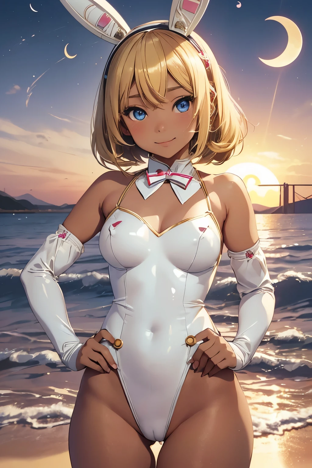 Photo of beautiful jpn-gyaru, masterpiece, 1 girl,
(8 :1.4), Cyborg girl with blonde bob hair and blue eyes and dark skin, (blonde bob hair: 1.2), big breasts, smile, (mechanical bunny ears headband: 1.2), headphones,white highleg leotard, camel-toe, enamel sleeve, (crescent moon sunset:1.3), bayside, shore, cowboy shot, 