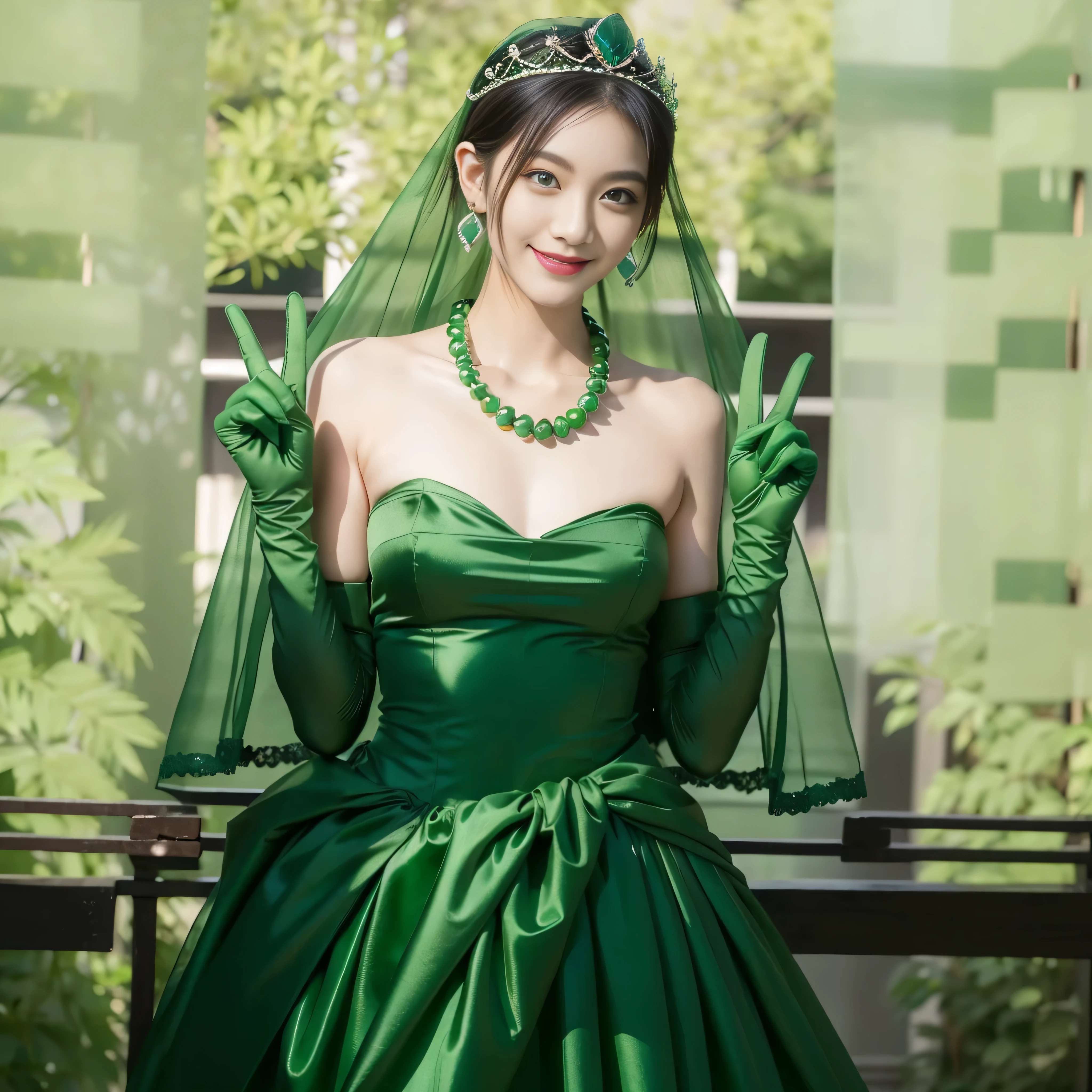 Emerald tiara, Green Pearl Necklace, Boyish very short green hair, lipstick, Smiling Japanese woman, Very short hair, Big tits beautiful, Green Eyes, Long green satin gloves, Green Eyes, emerald earrings, Green Veil, v sign