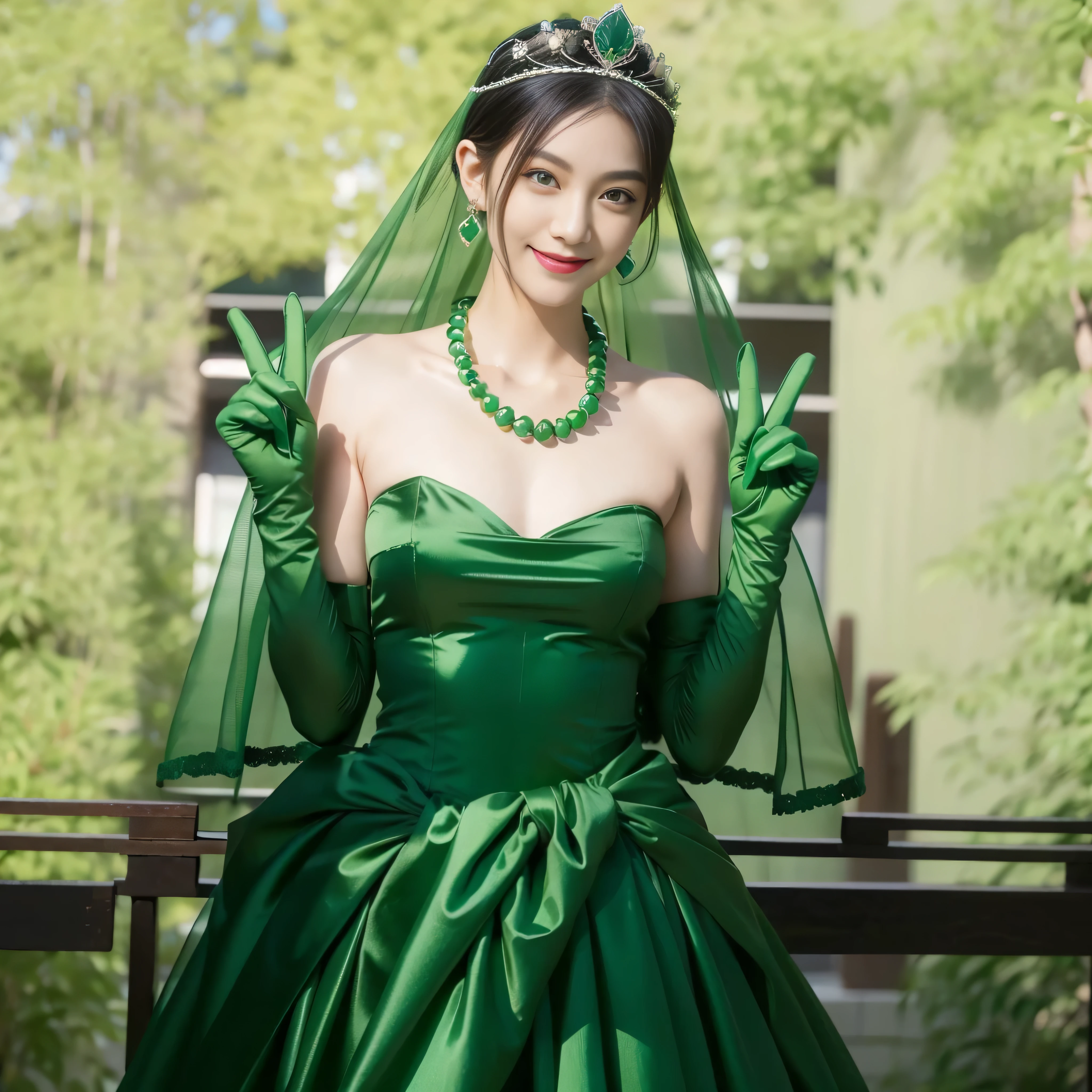 Emerald tiara, Green Pearl Necklace, Boyish very short green hair, lipstick, Smiling Japanese woman, Very short hair, Big tits beautiful, Green Eyes, Long green satin gloves, Green Eyes, emerald earrings, Green Veil, v sign
