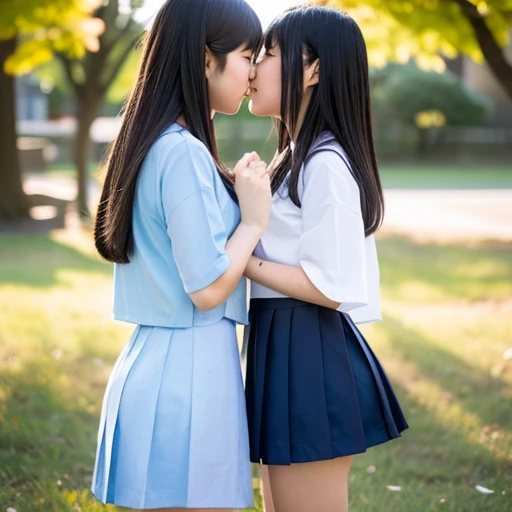 Two Japanese girls in revealing clothes kissing
