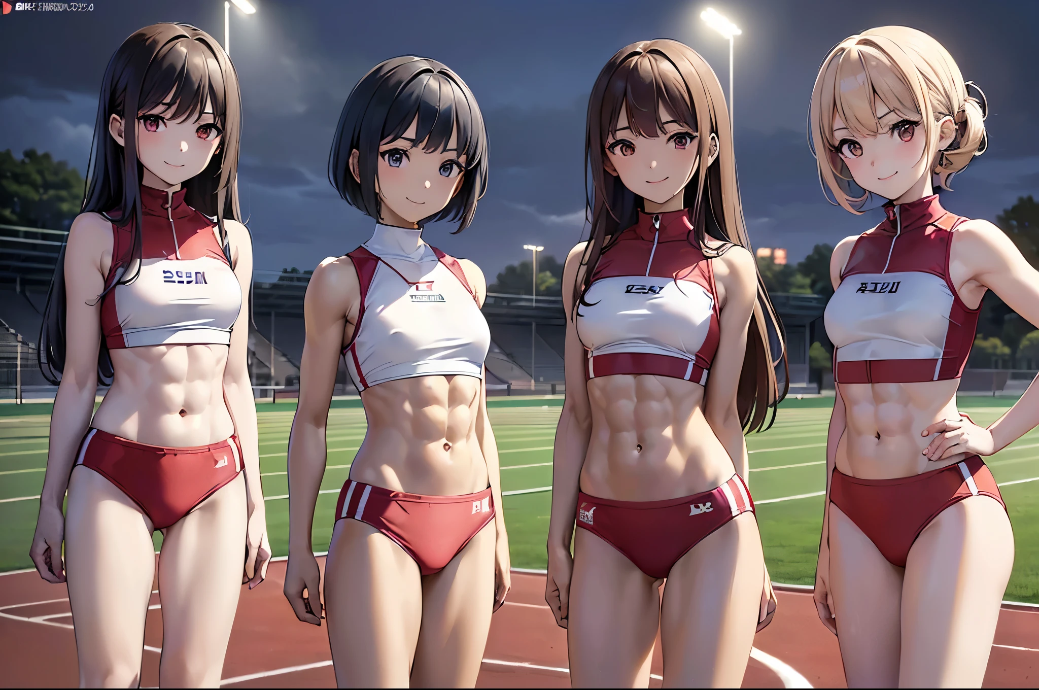 masterpiece, best quality, ultra detailed, ultra high resolution, very detailed face, anime, (((3 young girls, line up alongside, sleeveless crimson track and field uniform, slim body, upper chest only, small breast, expose abdomen, six pack abs:1.25, smile))), in the track field at night