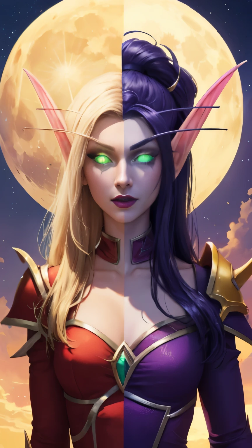 (Masterpiece, highly detailed, highly quality,  highly resolutions), 2 Pointy Ears, 2 eyebrows, line between the middle, Split Colored Hair in the Middle, half with nightelf half with bldelf, cut the screen in the Middle, cut the Sun and Moon in Half, Split Colored Lips in the Middle, ({{BREAK nightelf, SplitScreen, split screen, Left screen, Happy faces, glowing eyes, blue eyes, Purple Hair, colored skin, mature female, purple Dress, purple shoulder pad, purple lips, looking at viewer, night, Sleeve Long eyebrows, Princess of the Moon, Moon Background, Half Moon center}}), vs, (BREAK bldelf, SplitScreen, splitscreen, Right Screen, Happy Faces, glowing eyes, Green eyes, Blonde hair, colored sclera, mature female, Red Dress, red shoulder pad, red lips, looking at viewer, day, Sleeves, long Eyebrows, Princess of the Sun, Sun Background, Half Sun center))