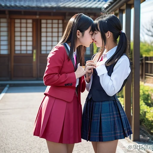 Two Japanese elementary school girls in revealing clothes kissing