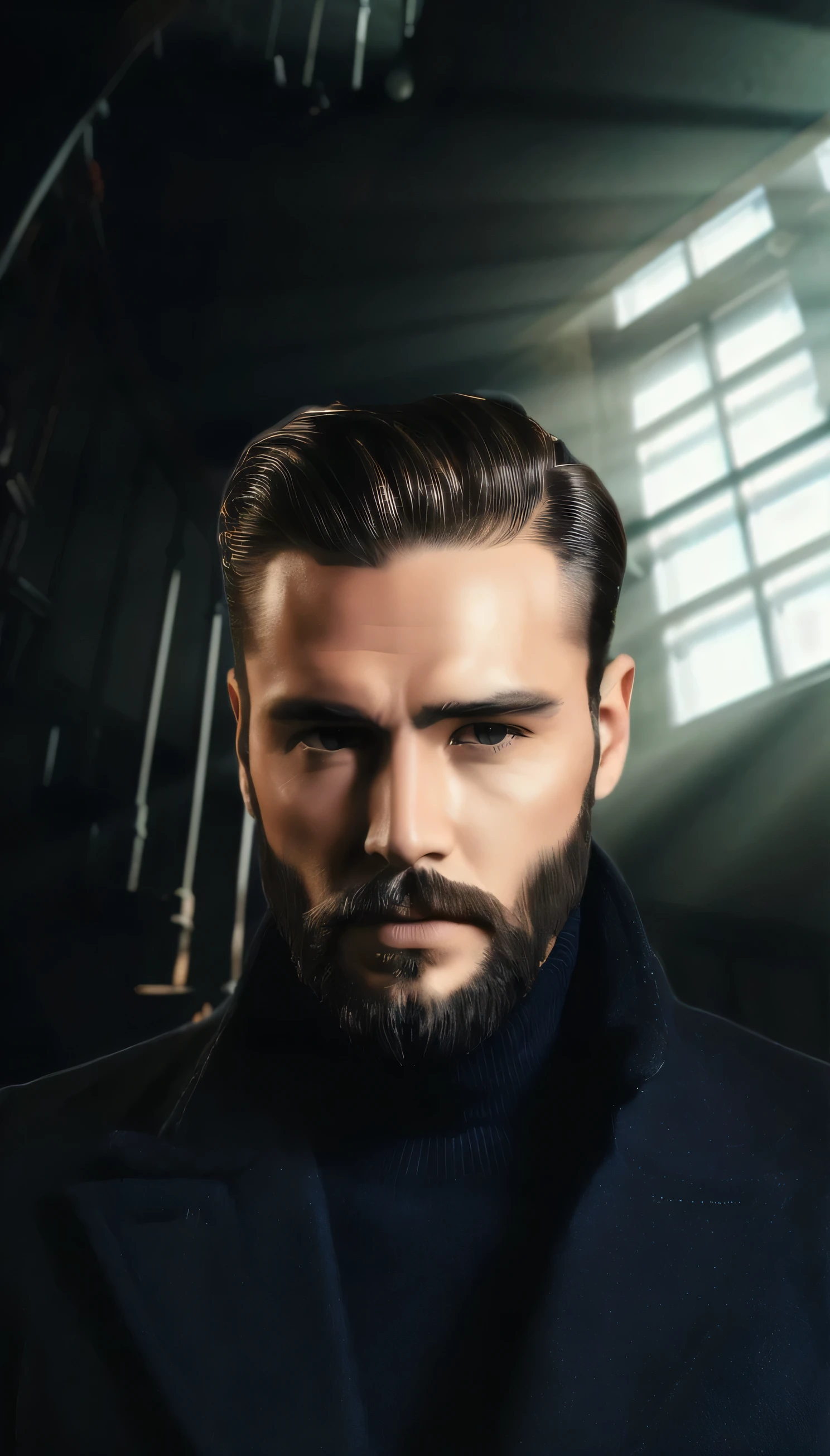 arafed man with a beard and a blue sweater in a dark room, very attractive man with beard, well-groomed model, slicked back hair, slicked-back hair, sharp jawline with a light beard, short slicked - back hair, very short slicked - back hair, handsome attractive face, sophisticated well rounded face, handsome face