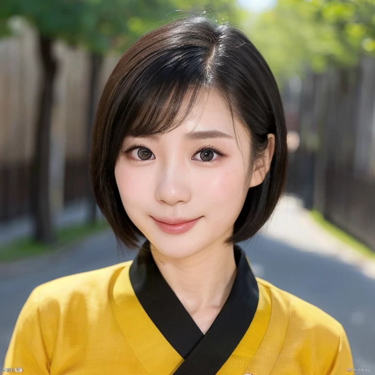 (kawaii 24 year-old Japanese girl, Nogizaka idol, Korean idol), (glossy black hair, very short hair, pixie cut:1.3), (rounded face, black eyes, single eyelid, no makeup, soft smiling:1.2), (wearing silky bright yellow concept Hanbok, silky bright yellow concept Korean traditional cloth:1.3), (flat chest, extra small breasts:0.8), (looking at viewer:1.2), BREAK, (sunny day outside background:1.3), (view from forward, portrait, close shot:1.3), BREAK, (masterpiece, best quality, photo realistic, official art:1.4), (UHD, 8K quality wallpaper, high resolution, raw photo, golden ratio:1.2), (shiny skin), professional lighting, physically based rendering, award winning, (perfect anatomy, highly detailed skin, extremely detailed face and eyes), Carl Zeiss 85 mm F/1.4, depth of field, 1girl, solo,