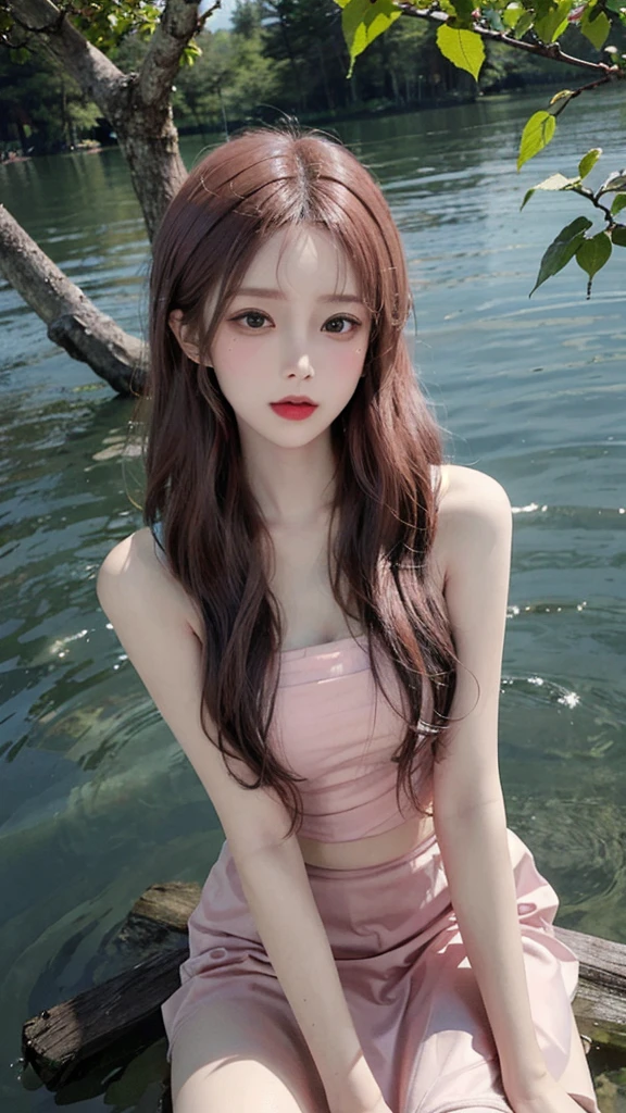 Real person photos,Chinese beauty with long straight reddish brown hair, masterpiece, best quality, extremely delicate and beautiful,high resolution, absurderes, Optimal proportions of four fingers and one thumb, in the lake with trees,sitting,  highly detailed beautiful face, Cute, shy,blush, dynamic angle, from above,looking at viewer, wearing Chiffon Sleeveless Blouse skirt