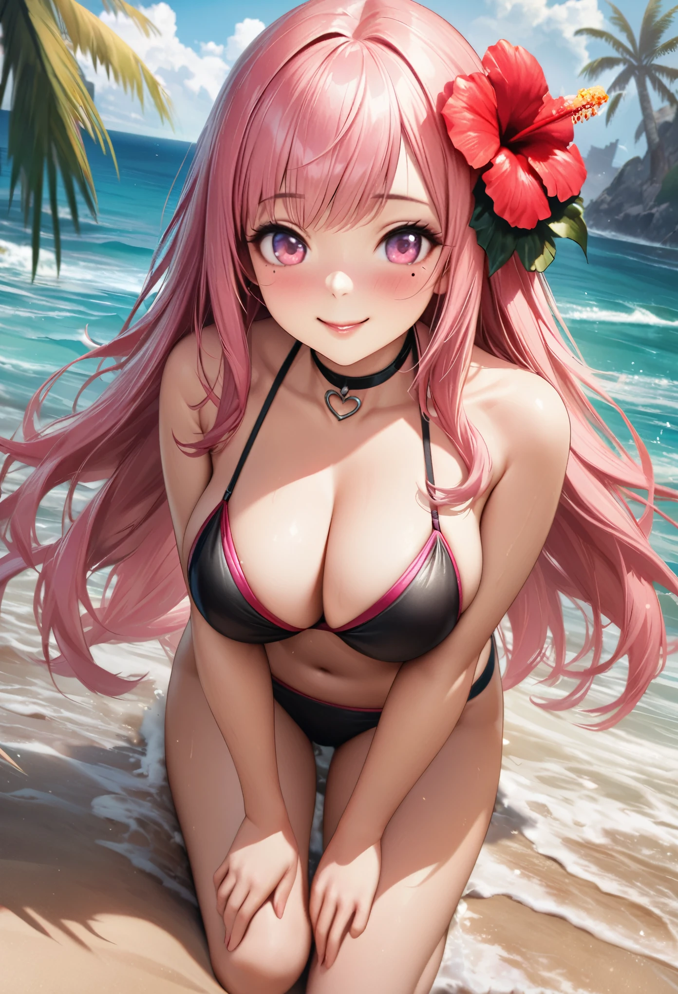 masterpiece, highest quality, Very detailed, High resolution, An expensive solution, High resolution, 4K, 8k, unity 8k wallpaper, Very detailed CG, masterpiece, Realistic、 Beautiful details, depth, Fine texture, highest quality: 1.3, Total concentration, Crisp skin, he, Very cute anime, Cute like an idol, expensive pink long hair, One Girl,bikini、Big Breasts、Sandy Beach、Ocean 、Palm tree、Tropical Juice、 hibiscus hair accessory, smile、long pink hair, whole body, Mole under the eye, Line Sight, expensive, blush, Lips parted, heart, Pink Eyes, choker