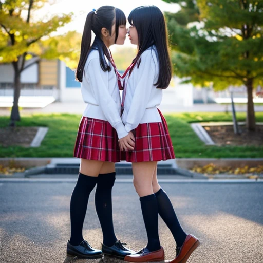 Two Japanese girls in revealing clothes kissing
