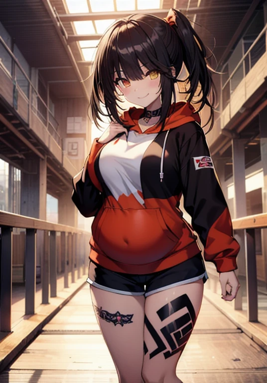 masterpiece, high quality, Ultra-high quality, Optimal lighting, 1 Girl, ((Tokisaki Kurumi)), Long hair, Black Hair, (((Low double ponytail))), monochrome, ((Redness of right eye:1, Left yellow eye:1)), Hoodies, ((mini Hoodies)), a hood on part of head, ((shorts)), ((Large Breasts)), ((thigh)), Smile, blush, Cute face, ((face shape)), permanent, Sexy body, Sexy, tattooed full body, tattooed face, (((tattooed))),Looking at the audience, Large breasts, National Foundation, (((Mountain))),Pregnant