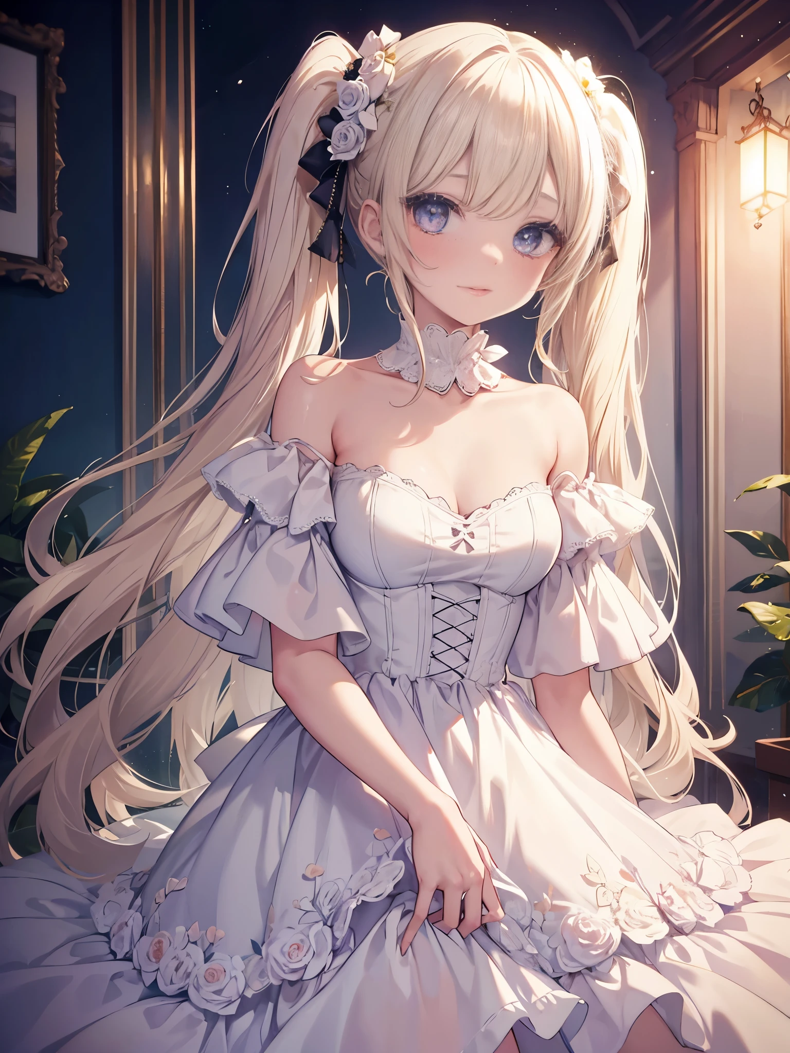 masterpiece, highest quality, High resolution, SA1, Floral Off-Shoulder Dress, sparkling eyes, false eyelashes, Platinum Blonde Twin Tails, Cute atmosphere, Rose,